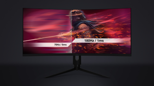 Ívelt gamer monitor, balra 75 Hz/5 ms, jobbra 180 Hz/1 ms, egy harcos képével.