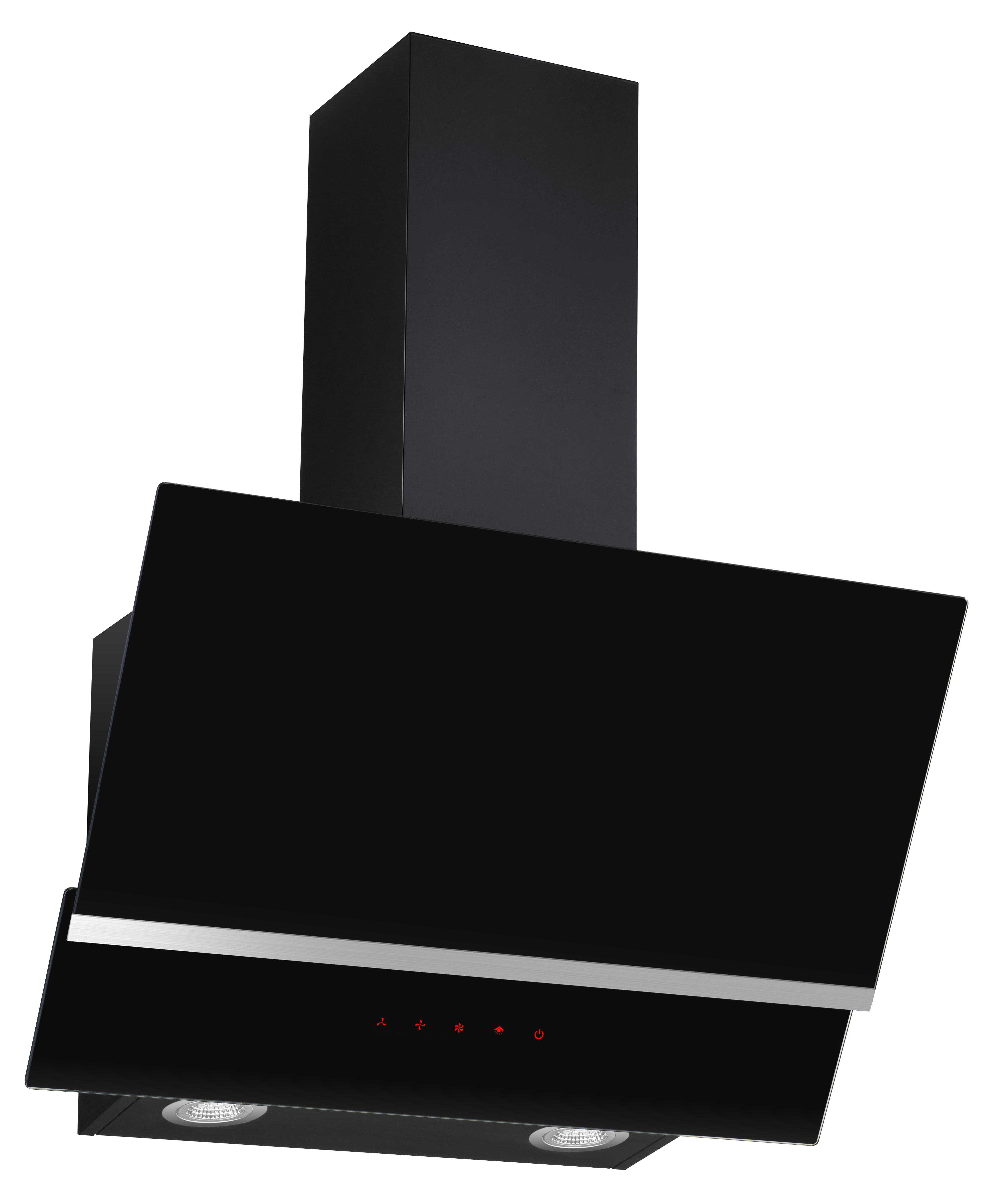 Schwarze Küchenhaube mit Lichtern und Steuertasten. Weißer Hintergrund. Modernes Design.