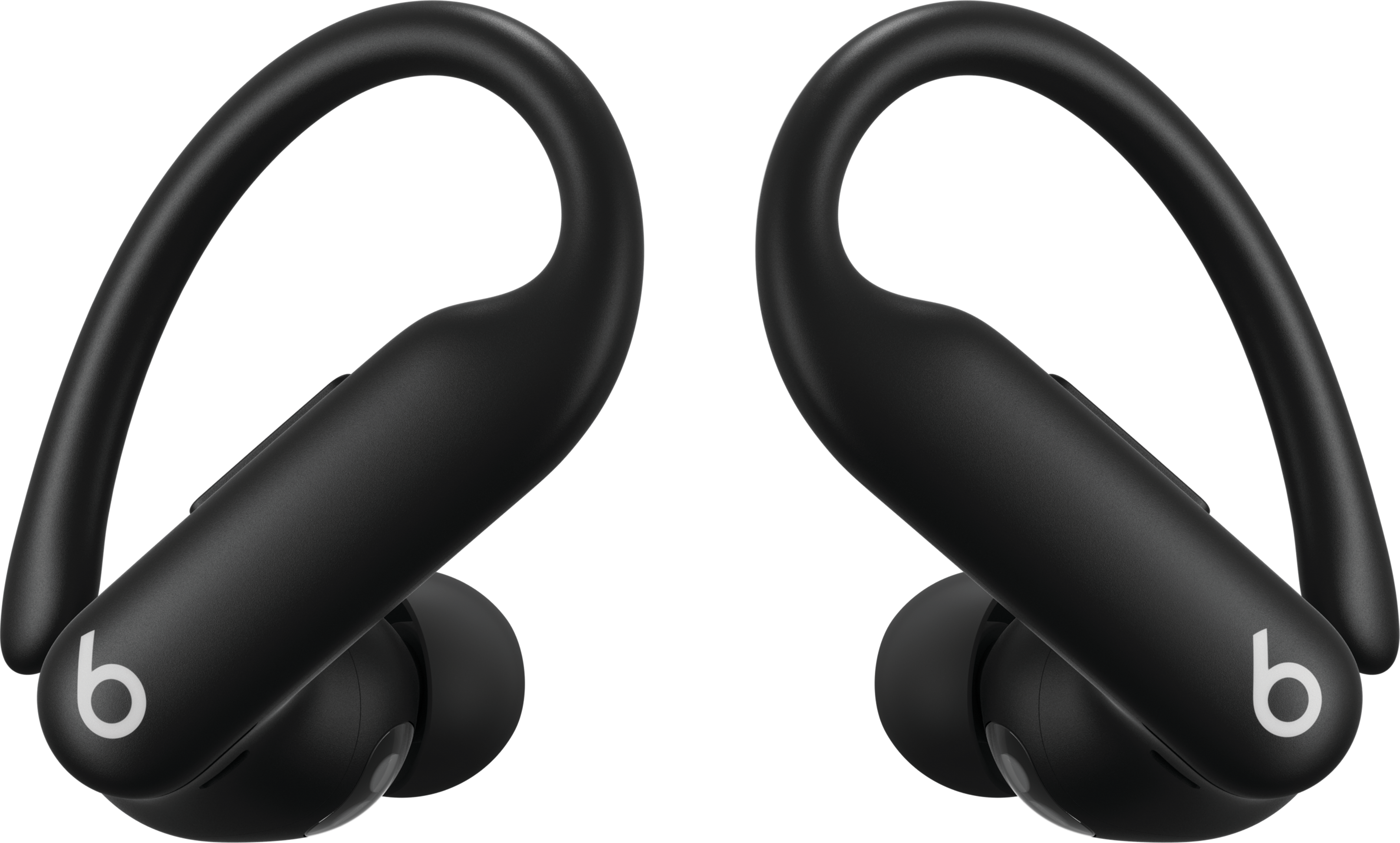 Écouteurs Beats noirs avec un design d'accroche-oreille. La lettre 'b' blanche est visible.