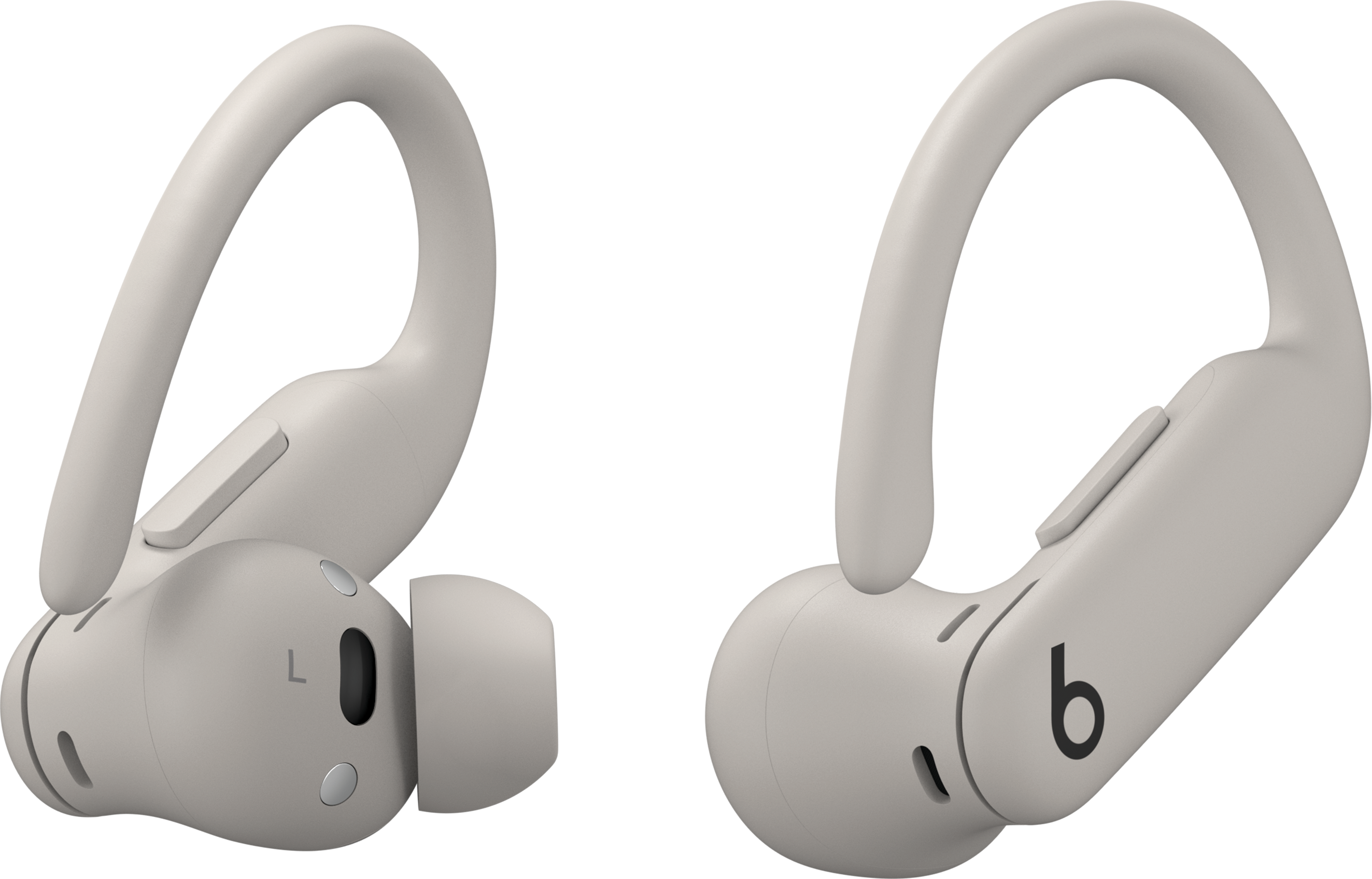 Deux écouteurs Beats gris clair. Les deux ont des crochets d'oreille et le logo 'b'. L'un affiche un 'L'.