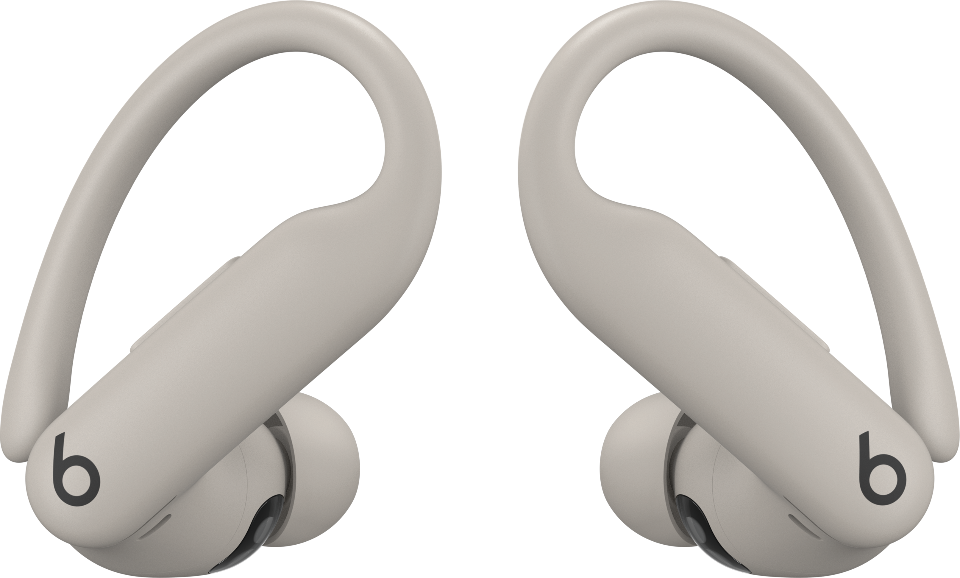 Deux écouteurs Beats gris clair. Les deux ont des crochets d'oreille et le logo 'b'.