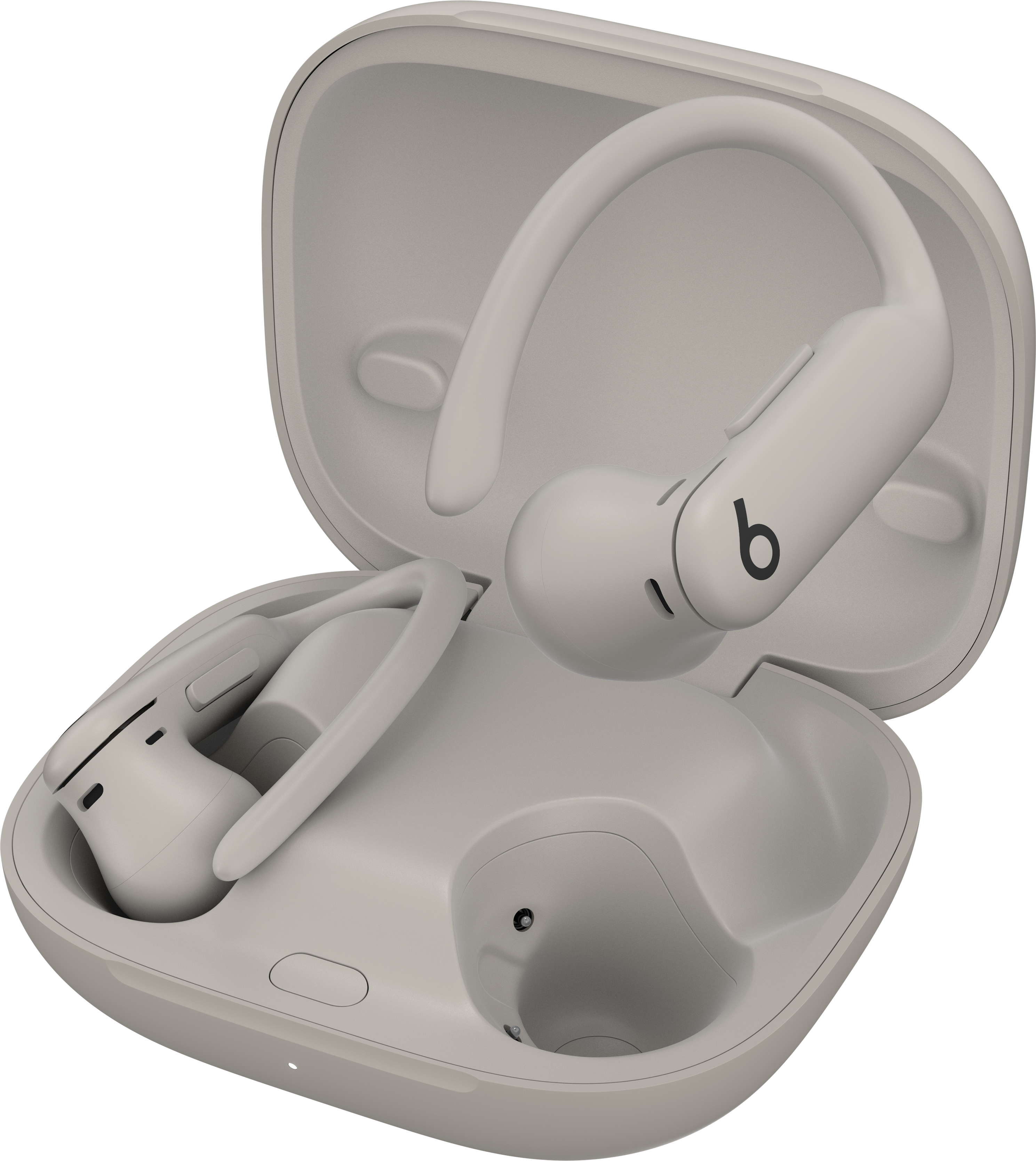 Un étui et des écouteurs Beats gris clair.