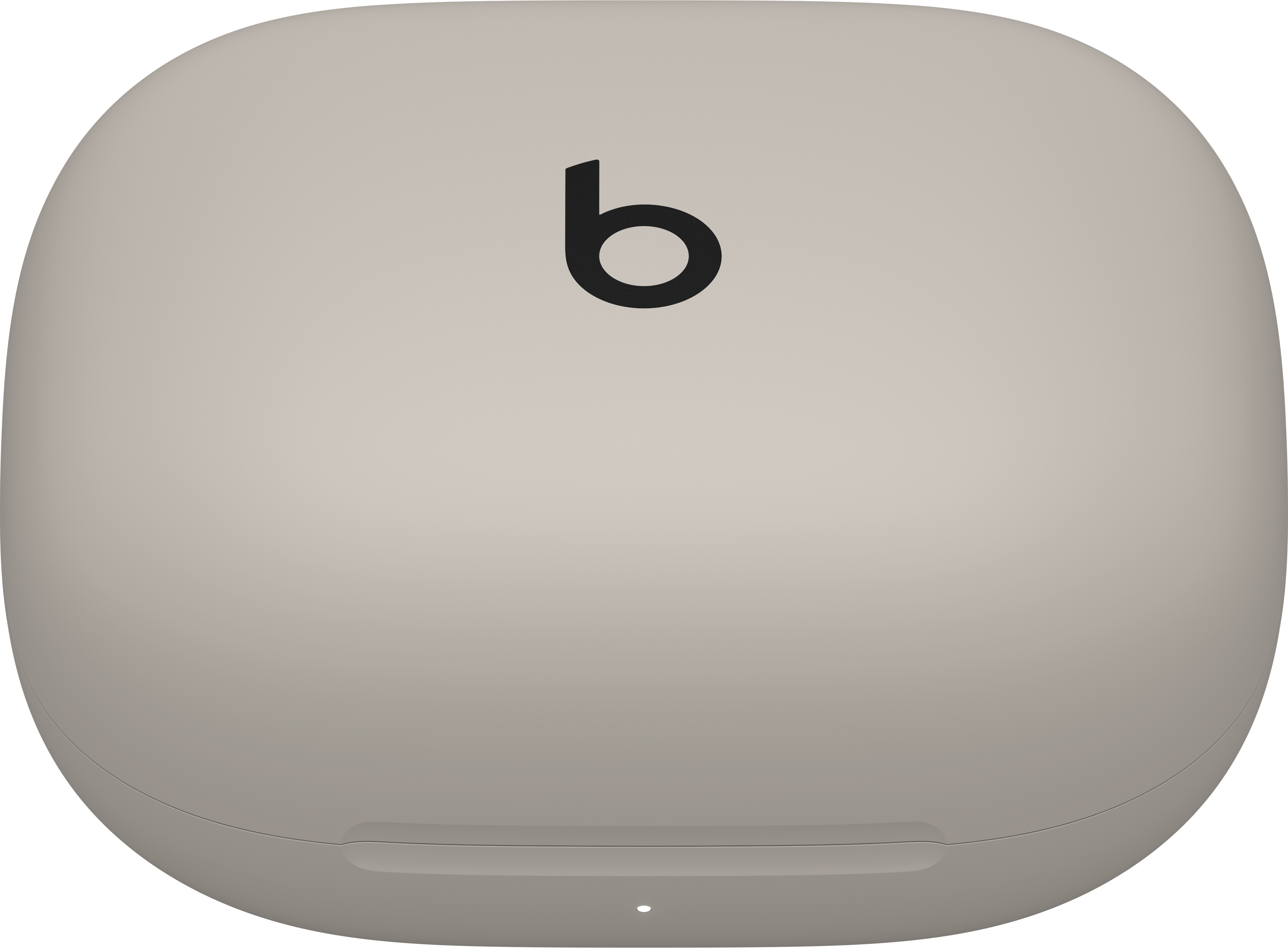 Écouteurs Beats dans un étui de chargement gris clair, logo Beats.