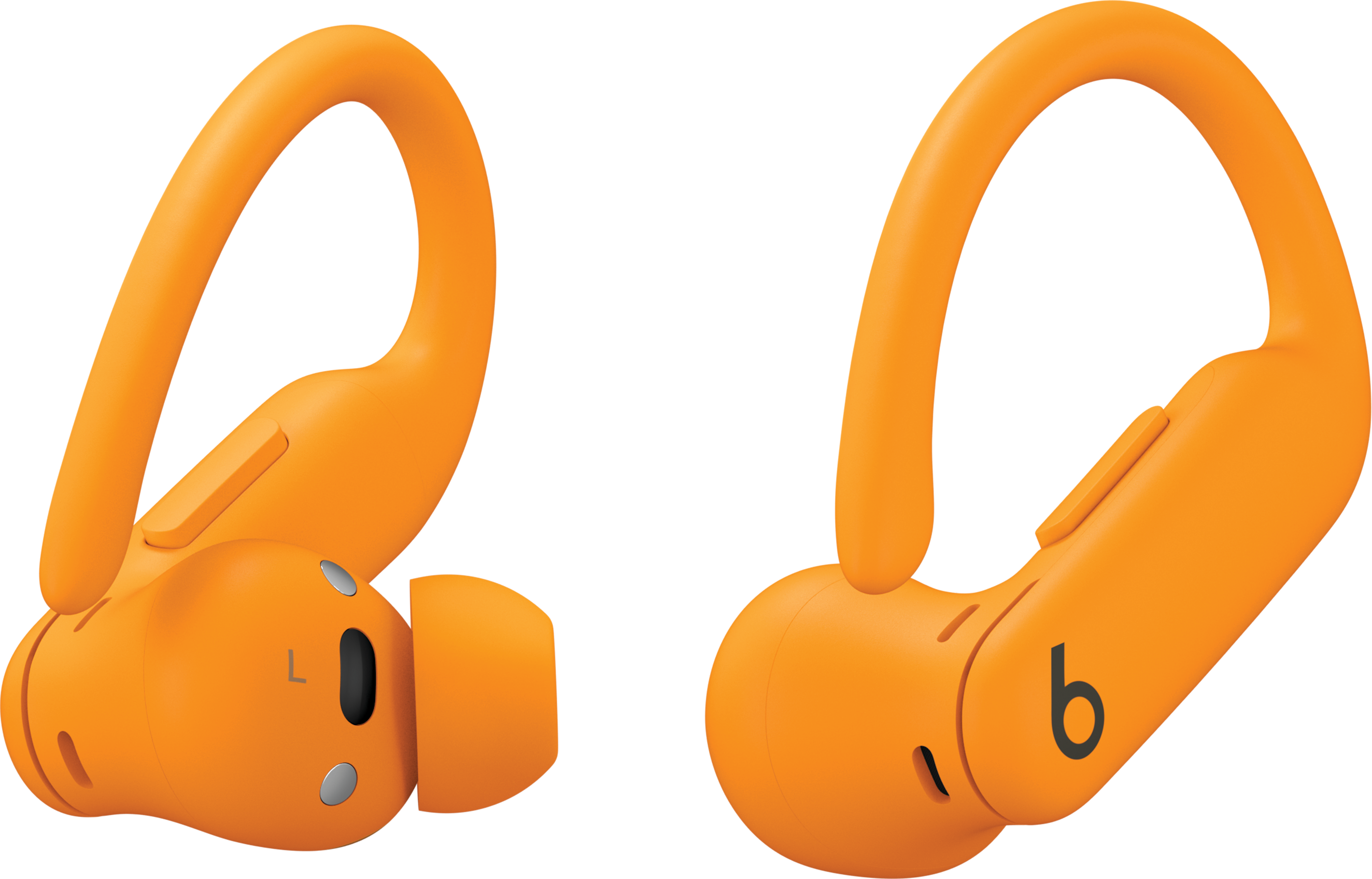 Écouteurs Beats Powerbeats orange. Chaque écouteur a un crochet incurvé et le logo 'b'.