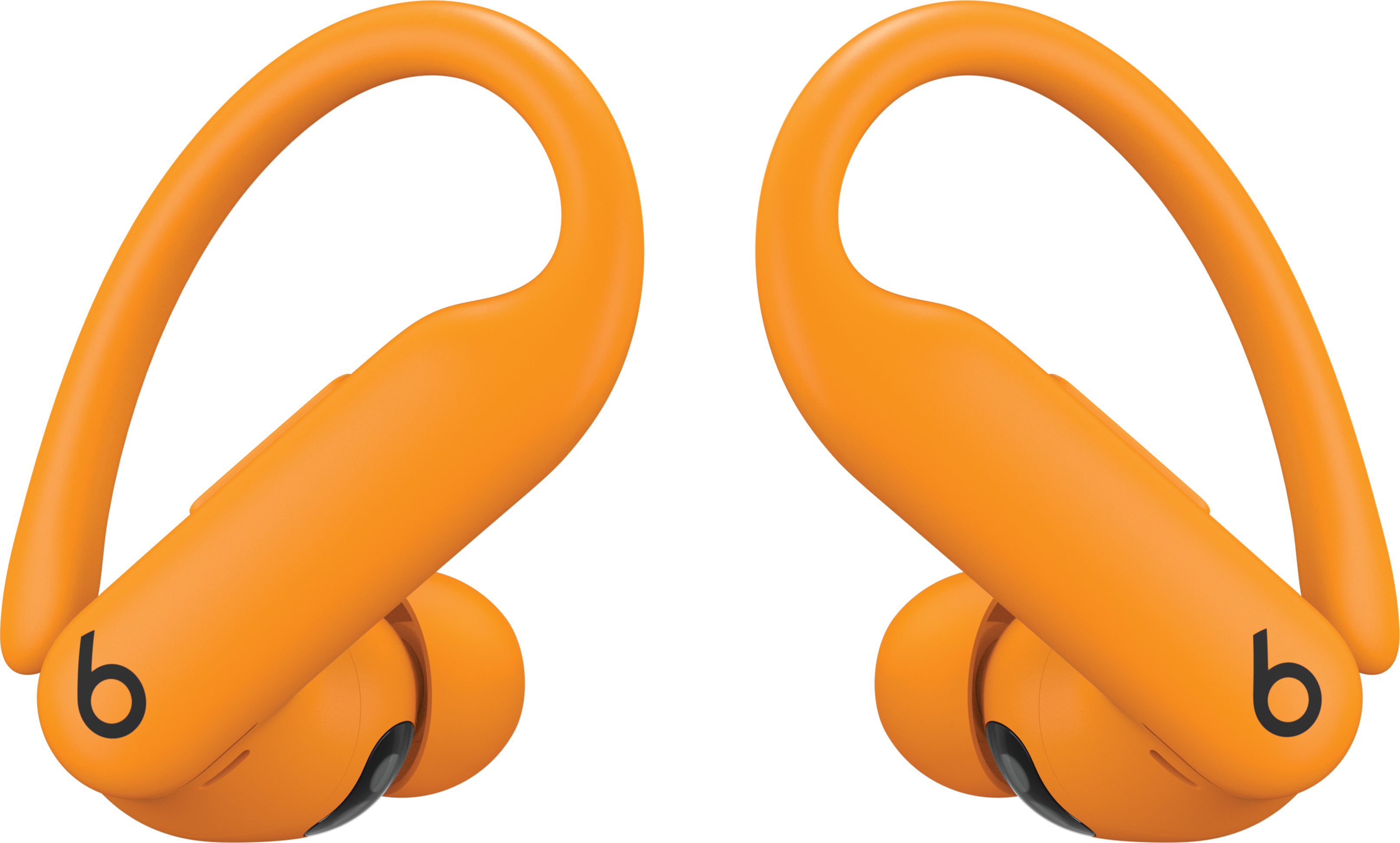 Deux écouteurs Beats sans fil oranges. Chacun a un crochet d'oreille incurvé et un logo 'b'. Des embouts noirs sont visibles.