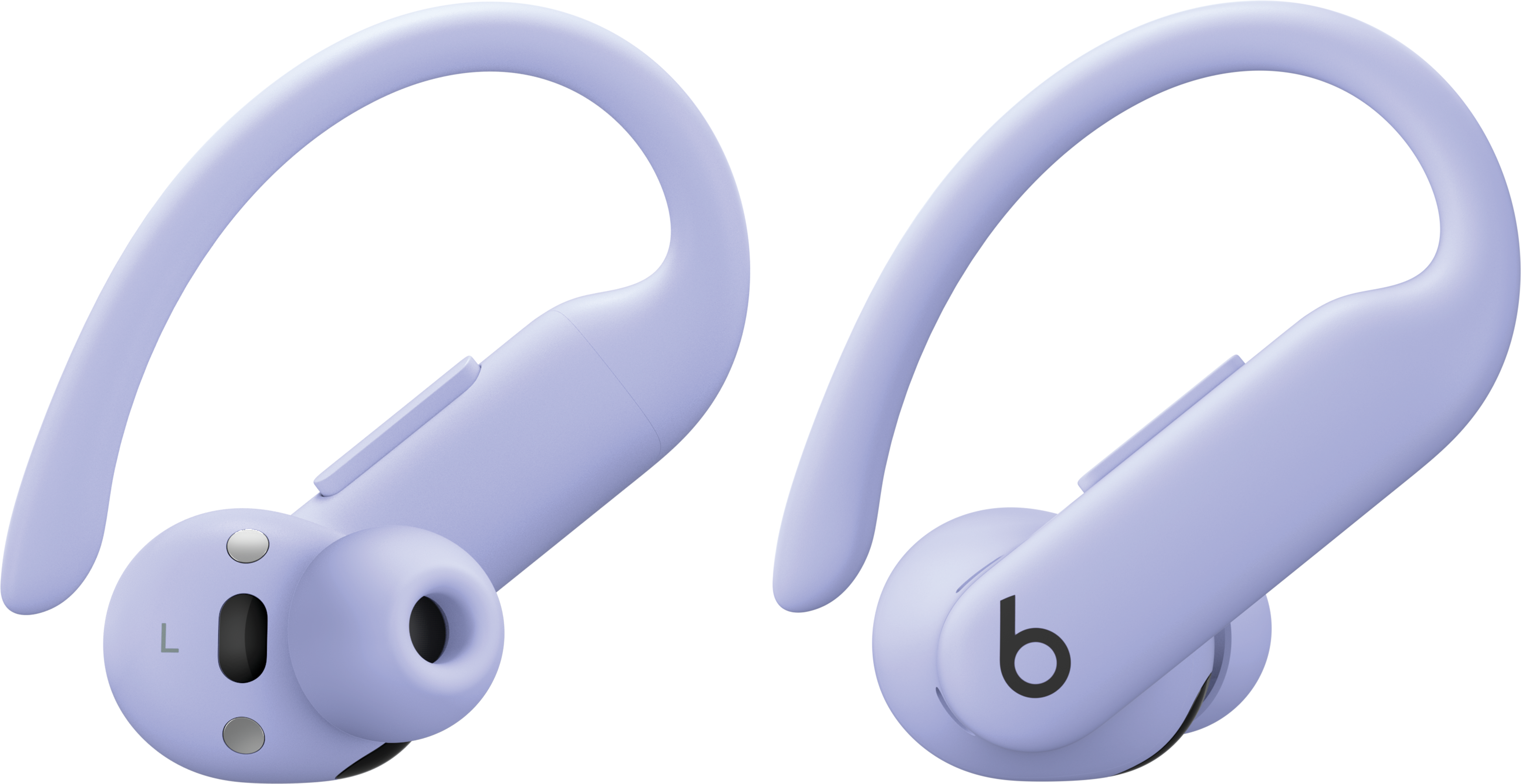 Deux écouteurs Beats lavande avec crochets d'oreille. L'un montre le 'L' et l'autre le logo 'b'.