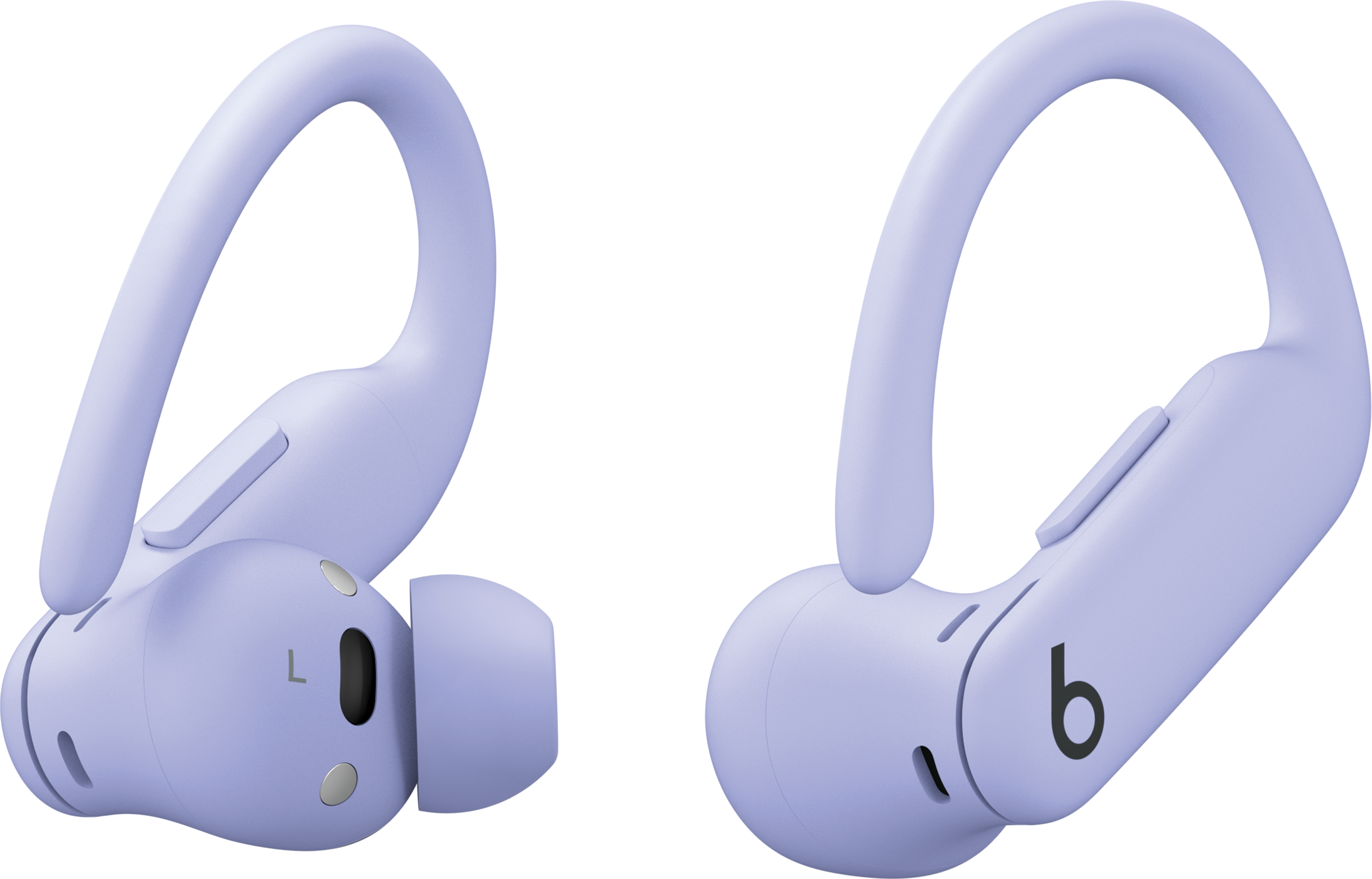 Deux écouteurs sans fil violets clairs, avec crochet auriculaire, sur fond blanc.