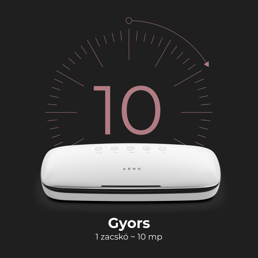 Fehér vákuumlezáró, 10 másodpercet mutató időzítő grafikával. A szöveg azt mondja: 'Gyors, 1 zacskó ~ 10 mp'.
