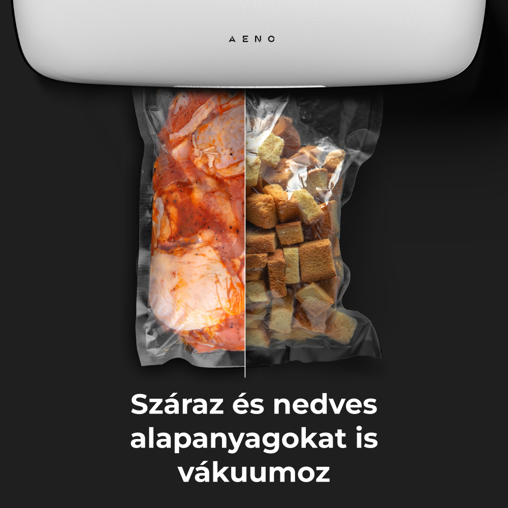 Vákuumzáró gép élelmiszerekkel a zacskókban, csirkével és kenyérrel.
