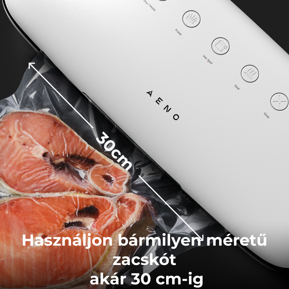 Fehér vákuumlezáró lazac steakkel töltött zacskóval. Egy 30 cm-es vonalzó mutatja a zacskó méretét. Szöveg: Használjon max. 30 cm-es zacskókat.