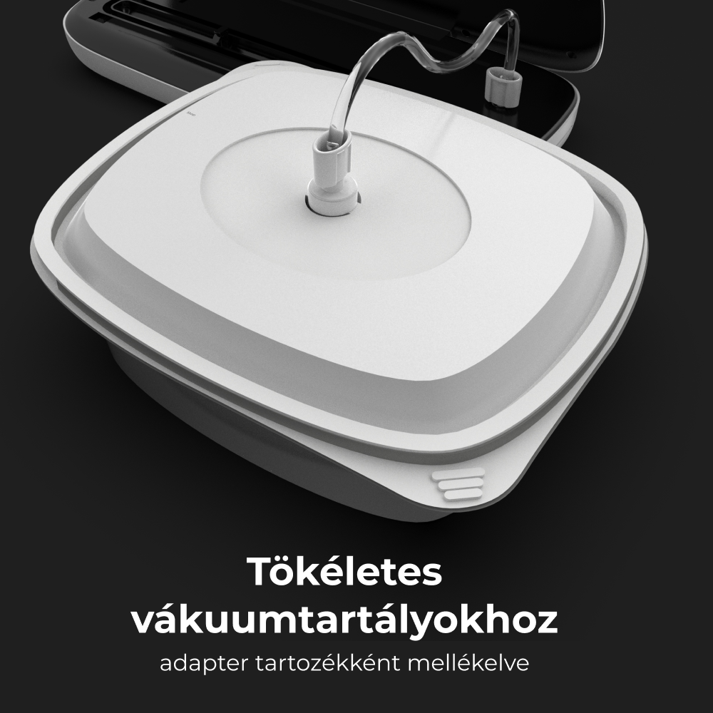 Egy vákuumtartály egy tömlővel, és szöveg a tökéletes vákuumozásról.