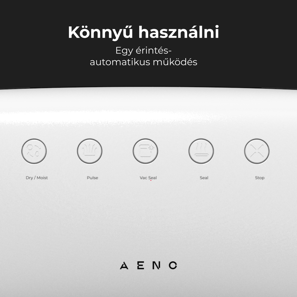 Fehér vákuumlezáró gép öt gombbal, Dry/Moist, Pulse, Vac Seal, Seal és Stop felirattal. AENO márka.