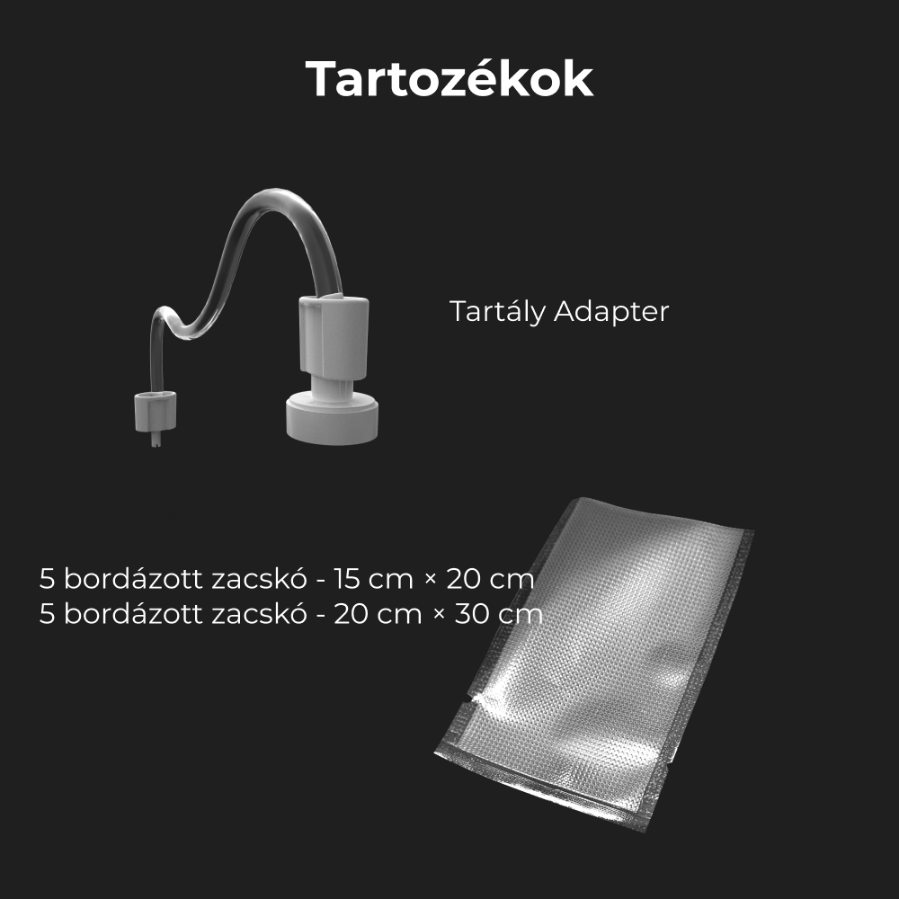Tartozékok sötét háttéren, beleértve a tömlőt, adaptert és zacskókat.