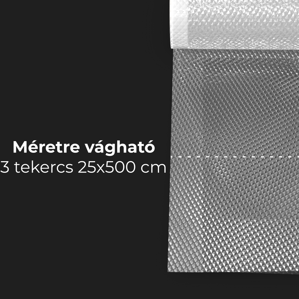 Ezüst, textúrázott csomagolópapír tekercs fekete háttér előtt. A szöveg 'Mérete vágható'.