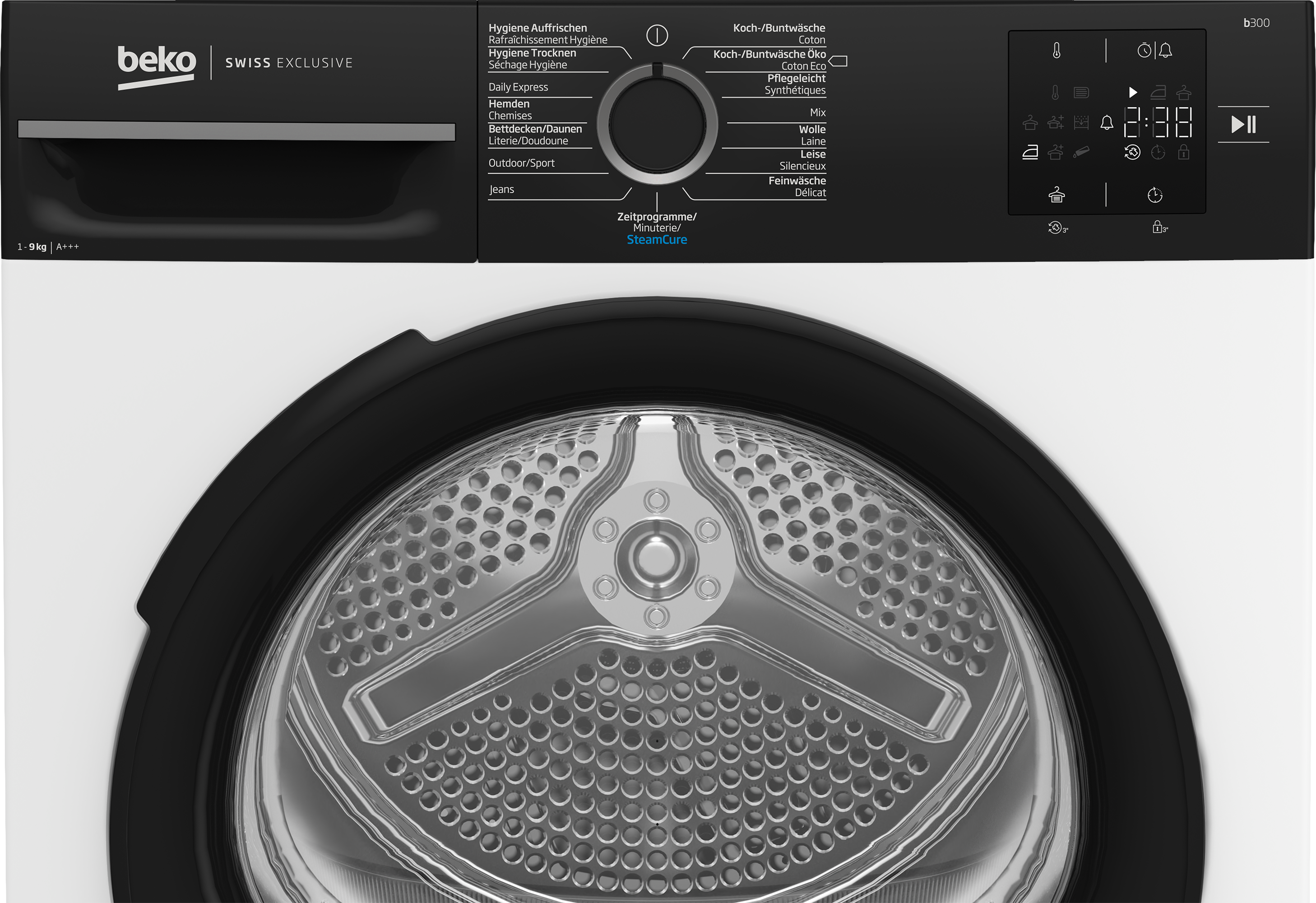 Un primo piano di una lavatrice Beko in bianco e nero, che mostra i controlli e il cestello.