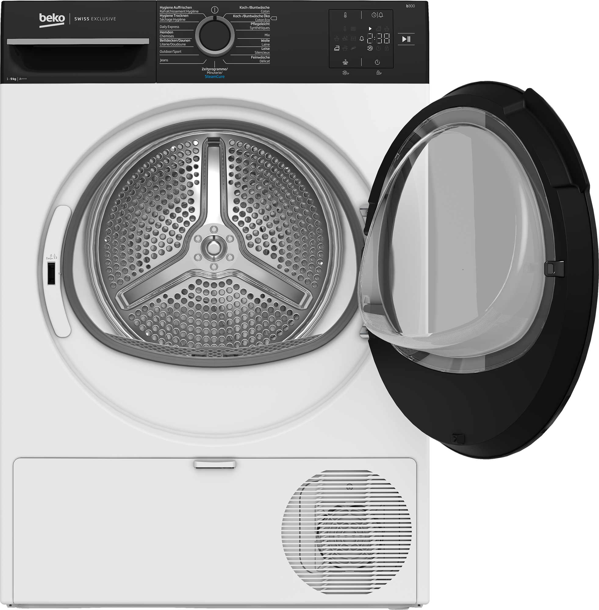 Asciugatrice Beko bianca, porta aperta, con pannello di controllo e display digitale in alto.