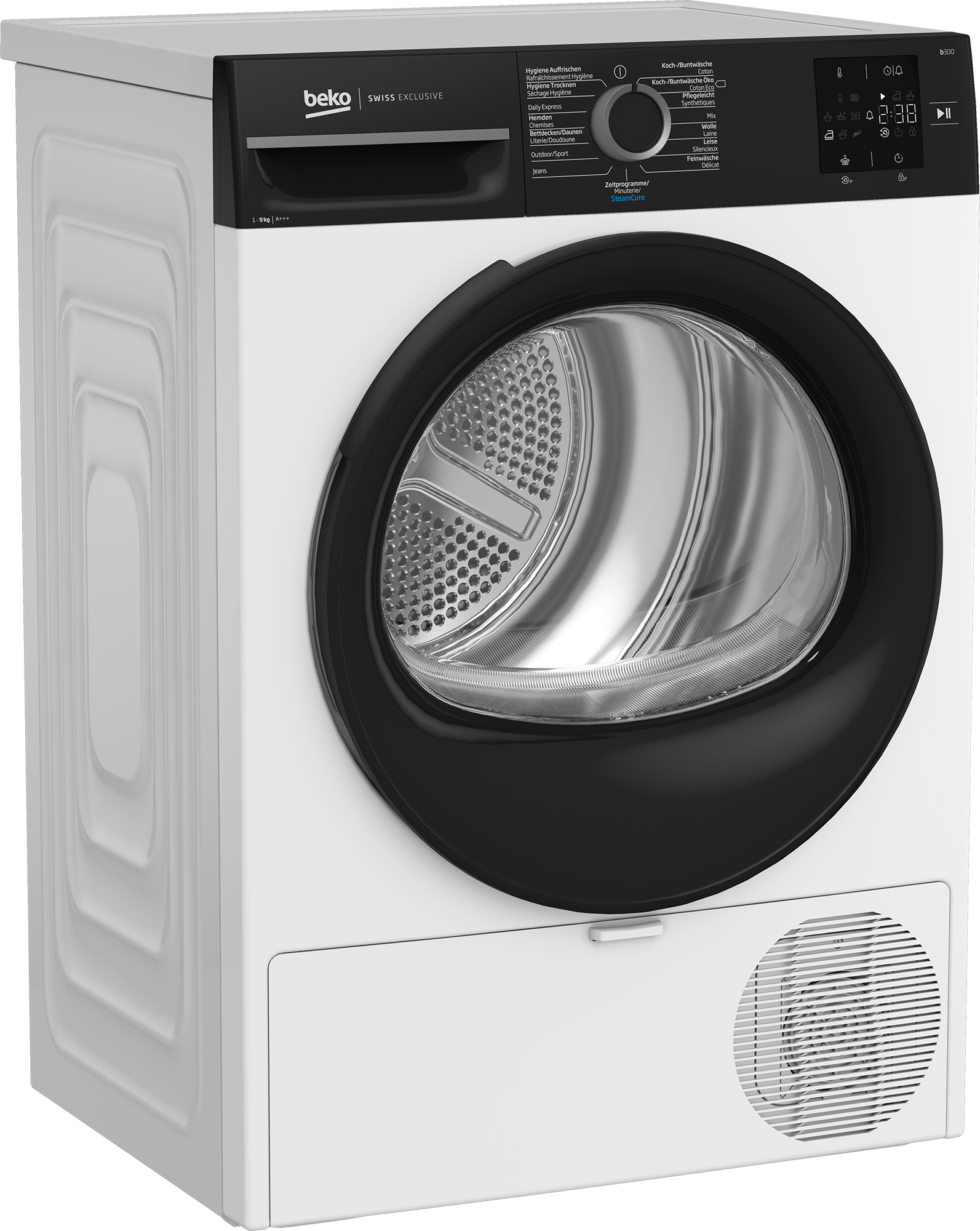 Asciugatrice Beko Swiss Exclusive bianca con porta e pannello di controllo neri. Ha uno schermo.