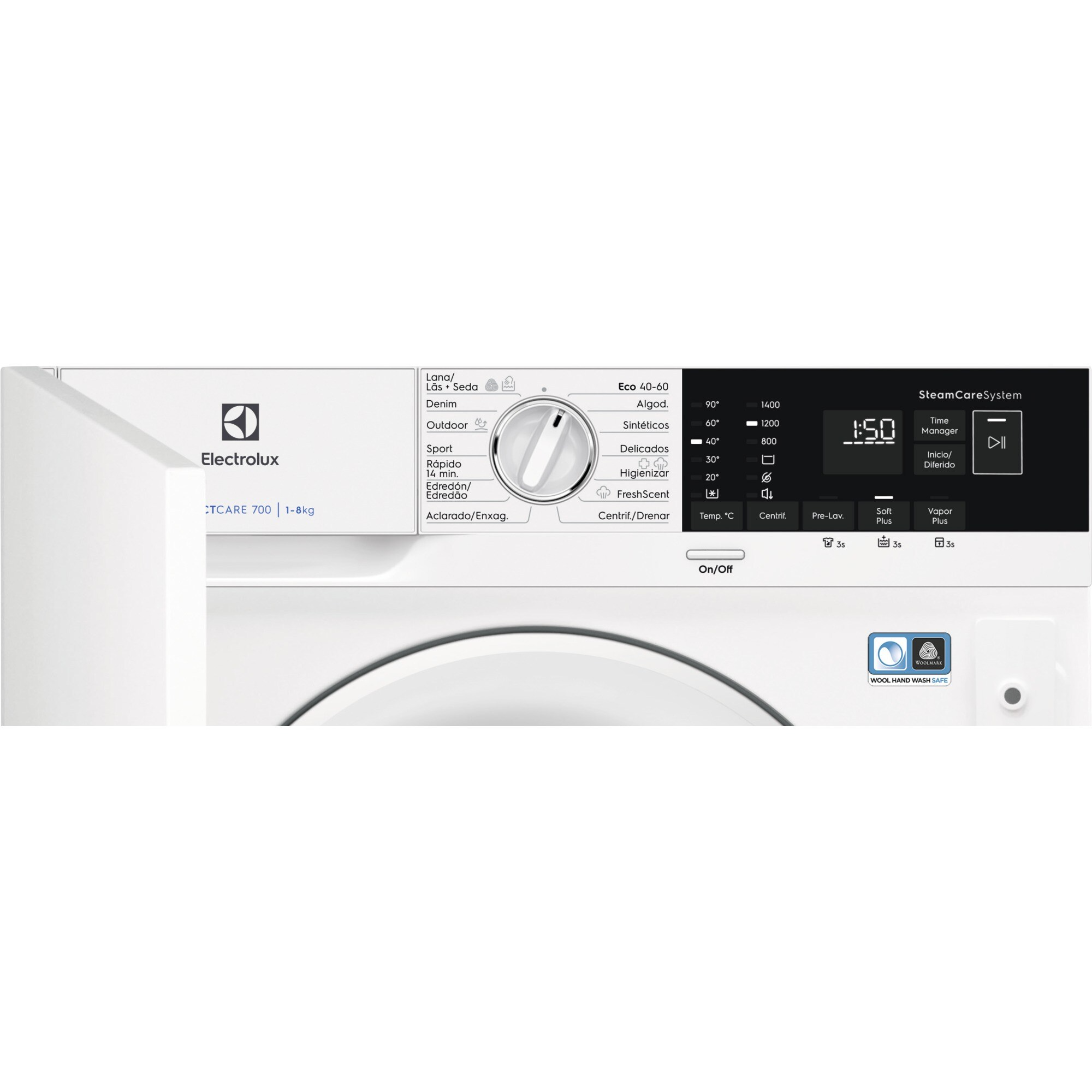 Primer plano del panel de control de una lavadora Electrolux blanca con pantalla digital.