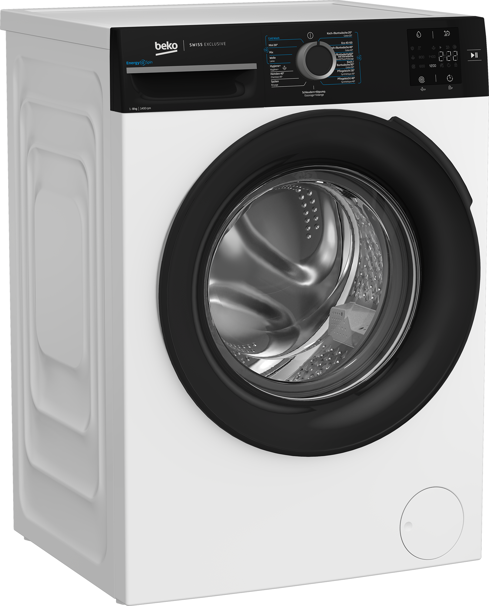 Weiße Beko Swiss Exclusive Waschmaschine, schwarze Tür und Bedienfeld.