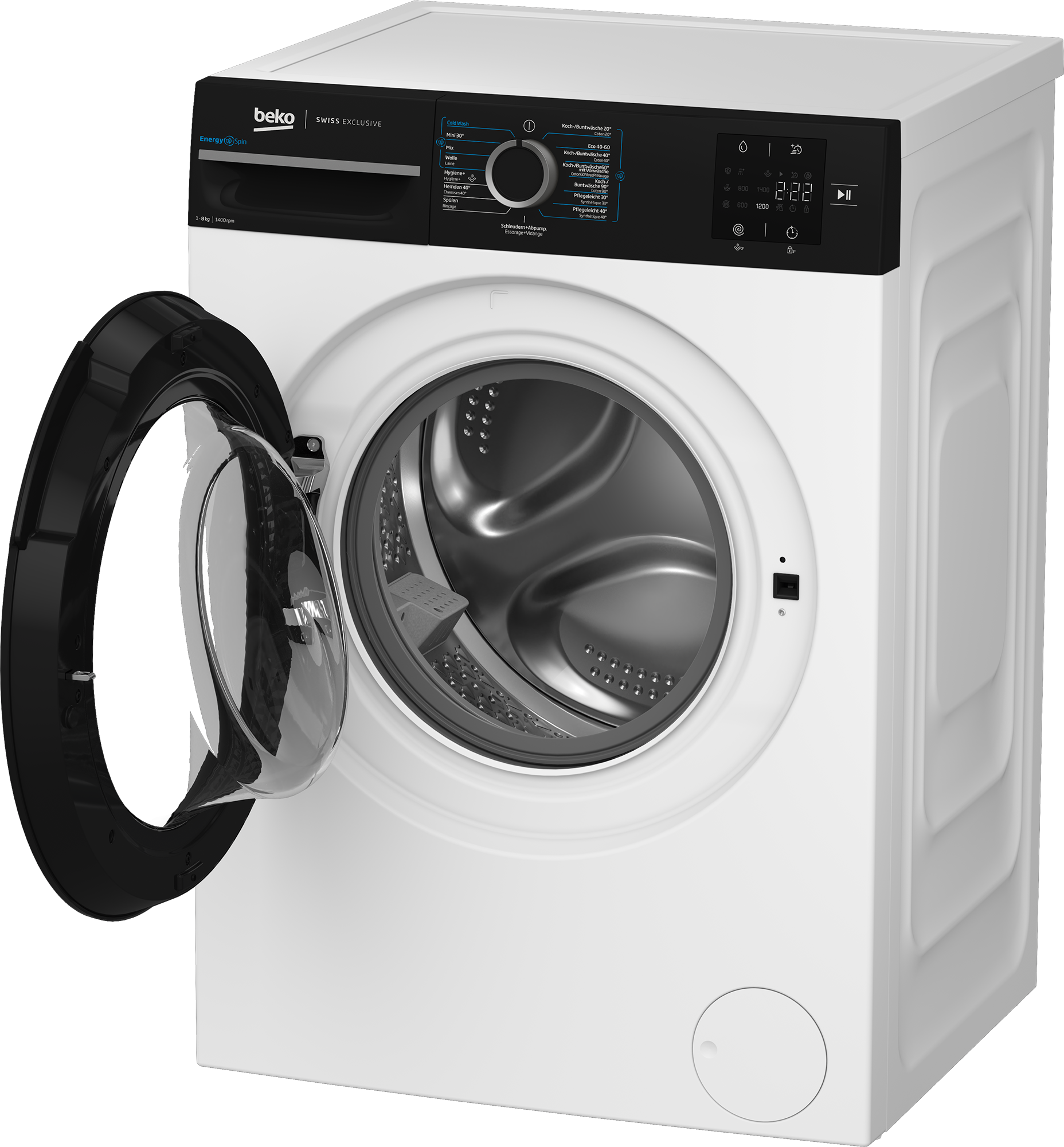 Weiße Beko Waschmaschine mit geöffneter Tür. Schwarze Akzente an Bedienfeld und Türrand.
