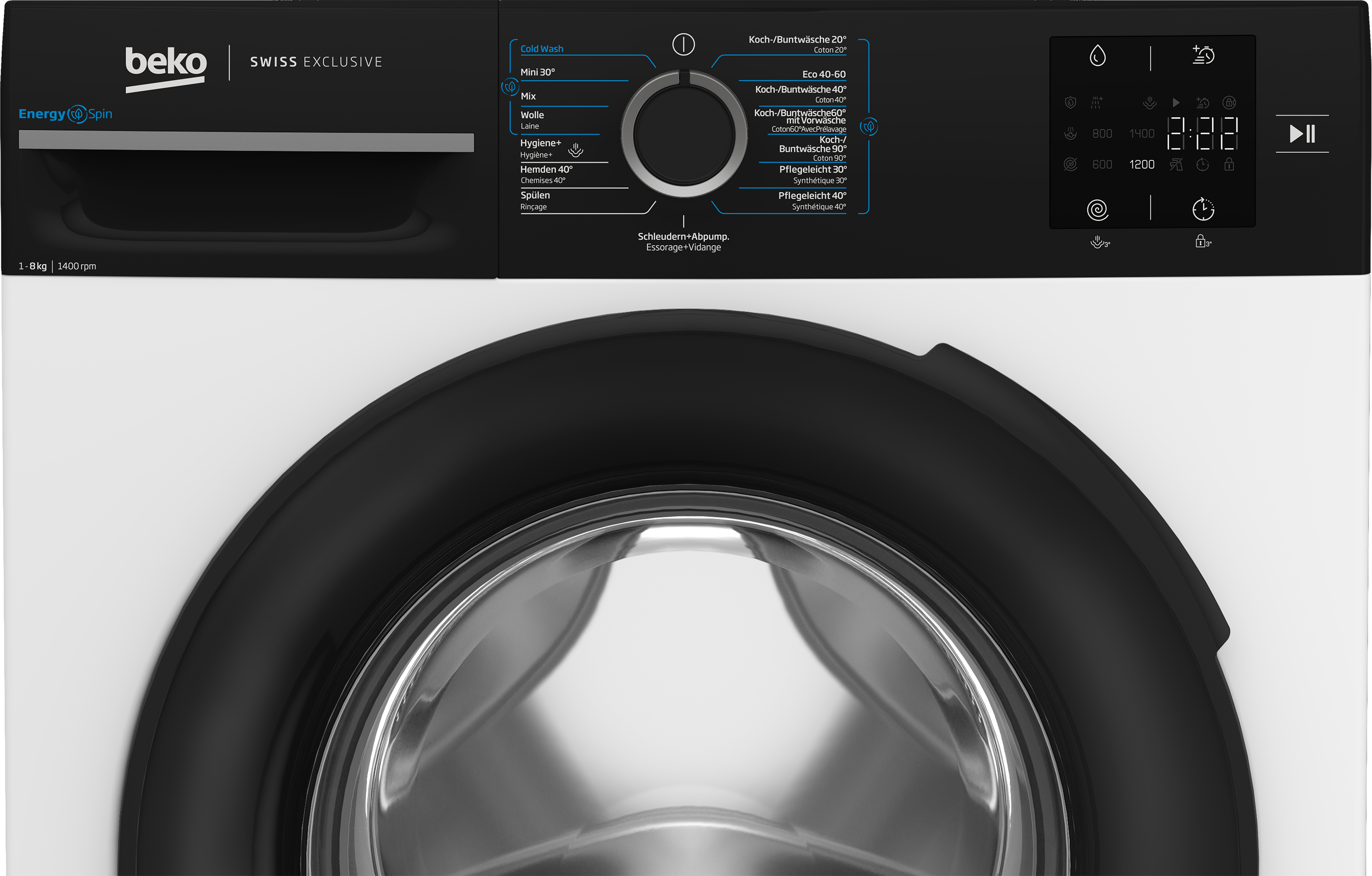 Beko Swiss Exclusive Waschmaschinen-Bedienfeld, schwarz und weiß.