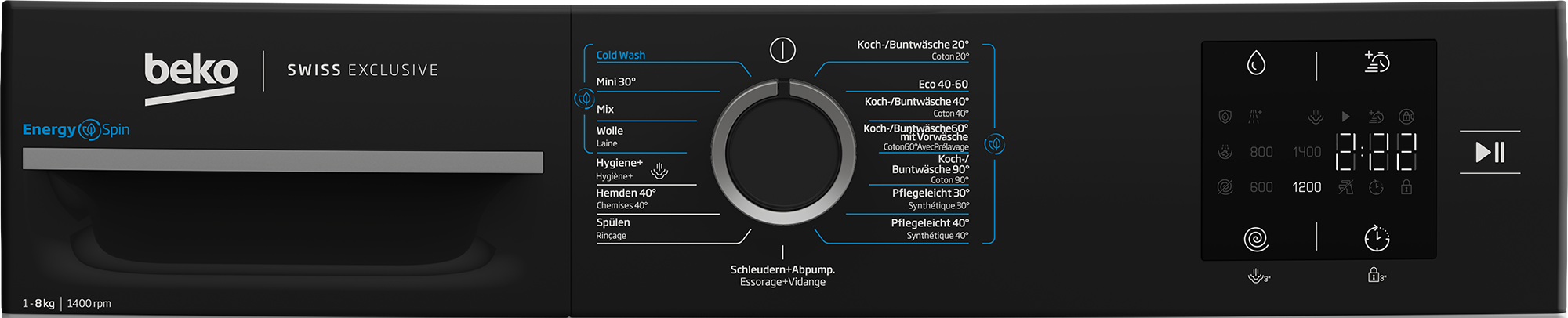 Ein schwarzes Bedienfeld der Waschmaschine mit Knöpfen.