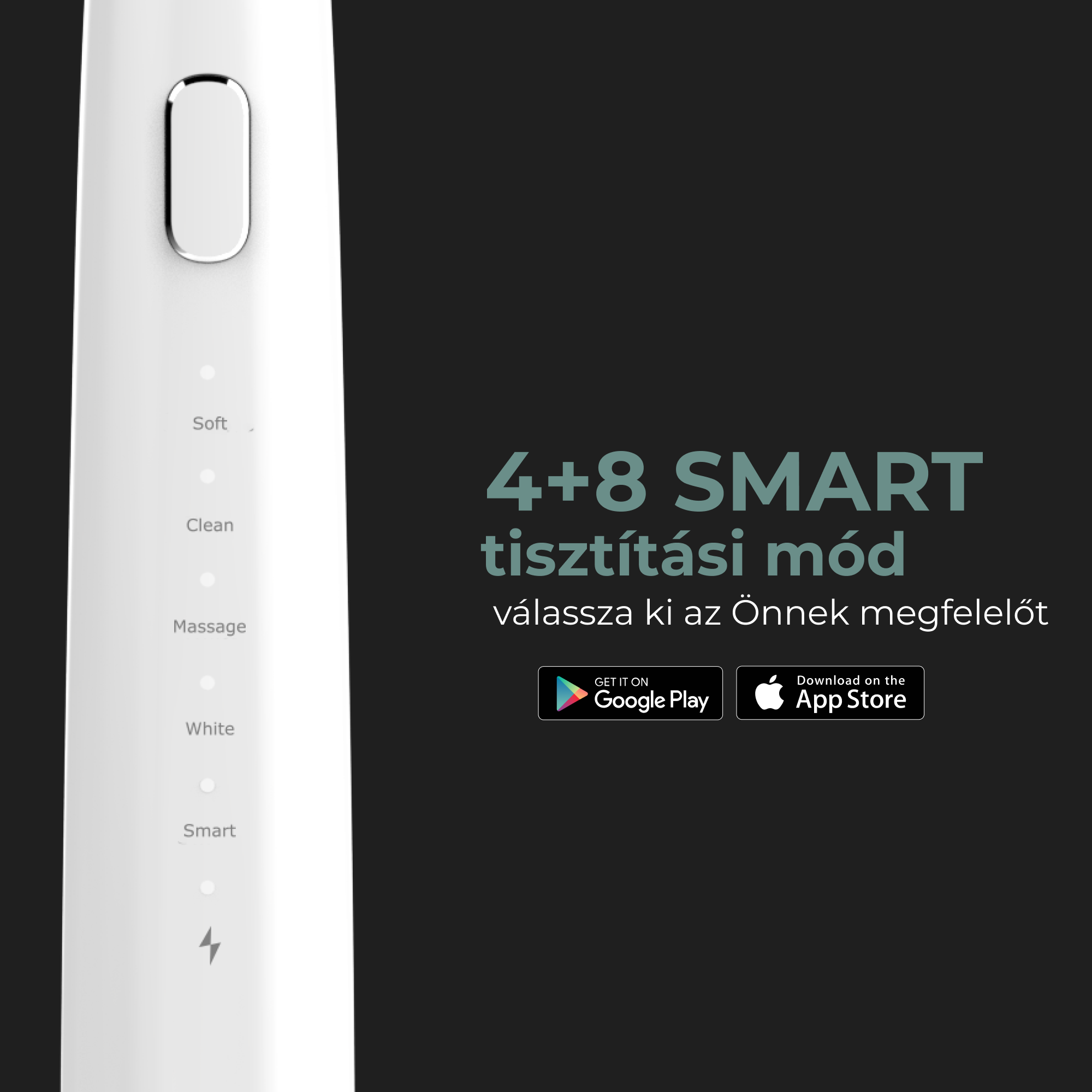 Fehér fogkefe gombokkal és ikonokkal fekete háttéren. Alkalmazás letöltési linkek.
