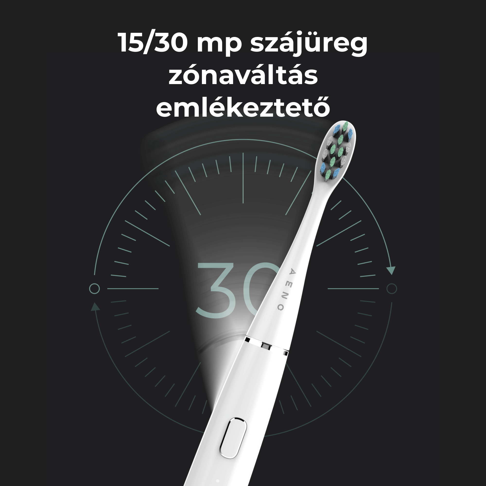Fehér elektromos fogkefe időzítővel egy kör alakú grafikán.