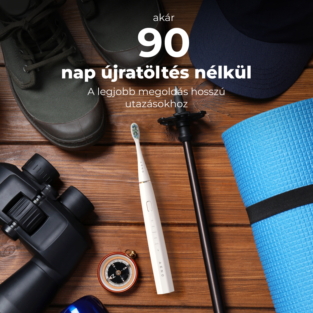 Kempingfelszerelés szöveggel, 90 nap töltés nélkül.