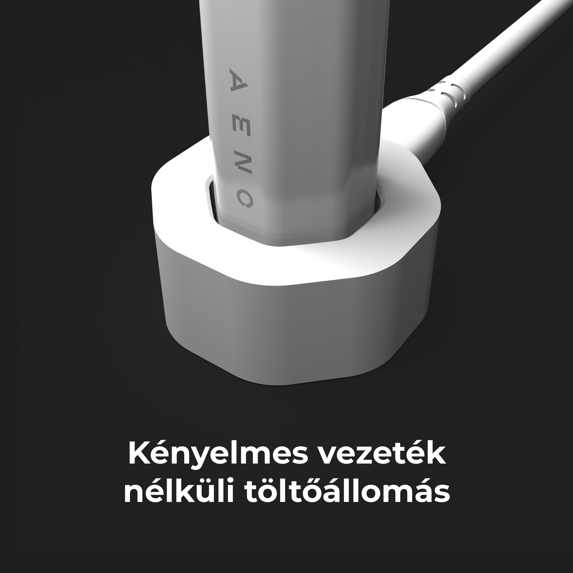 Fehér töltőállomás fehér töltővel, fekete háttérrel.