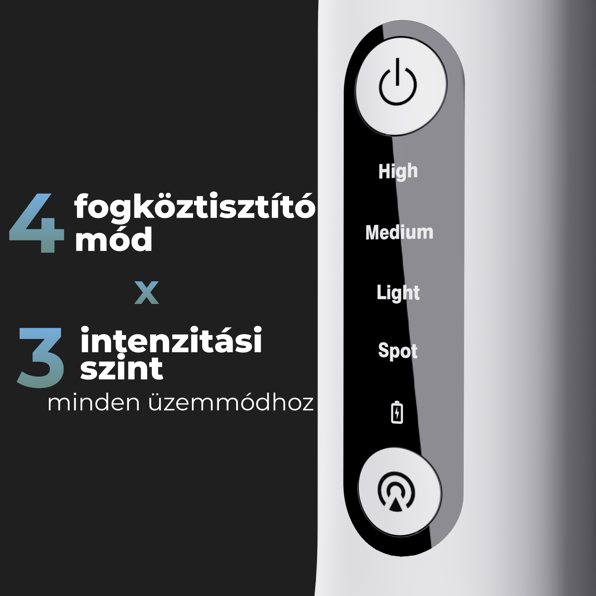 Vezérlőpanel 4 tisztítási móddal és 3 intenzitással.