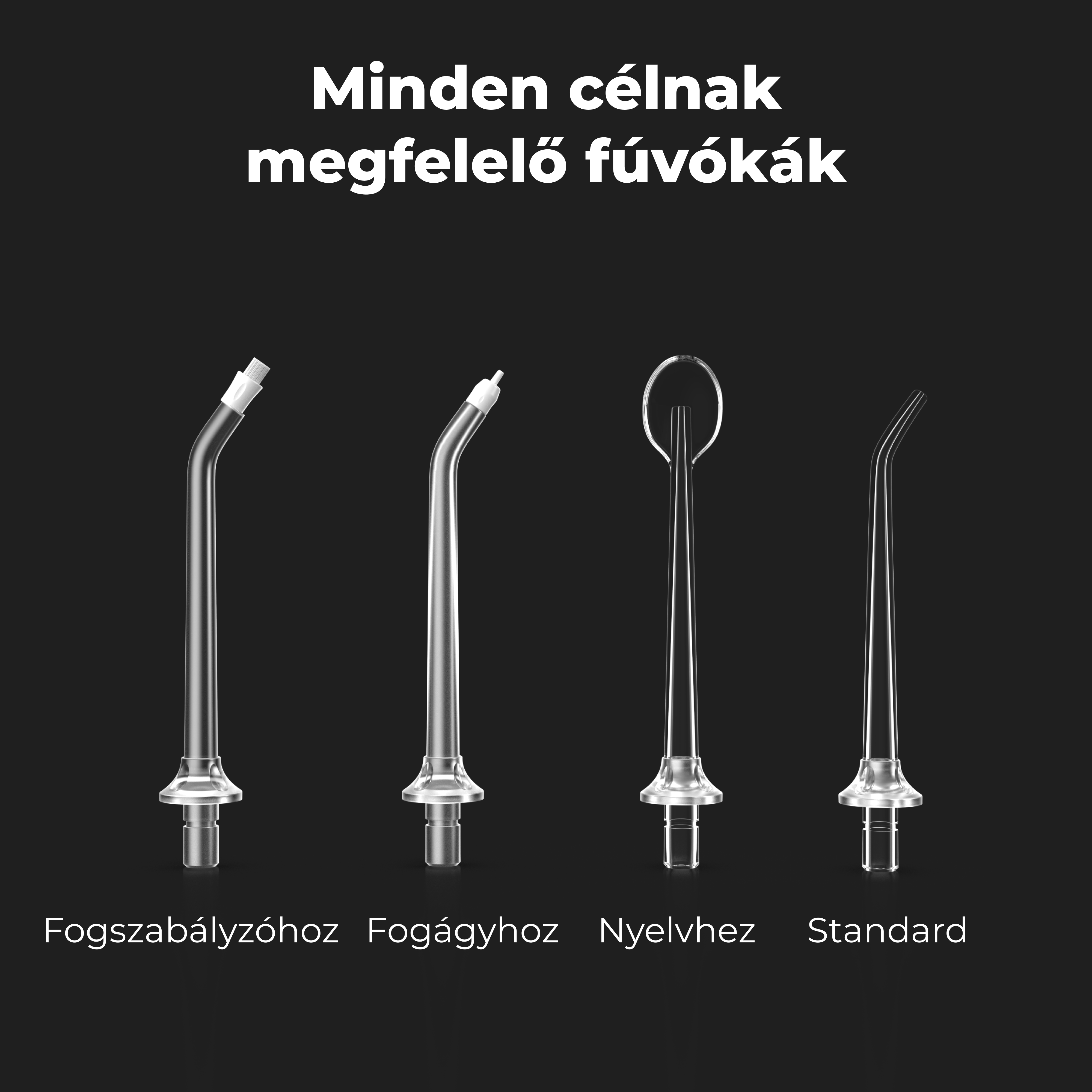 Négy különböző fogkefe-fej fekete háttéren, felhasználási területekkel.