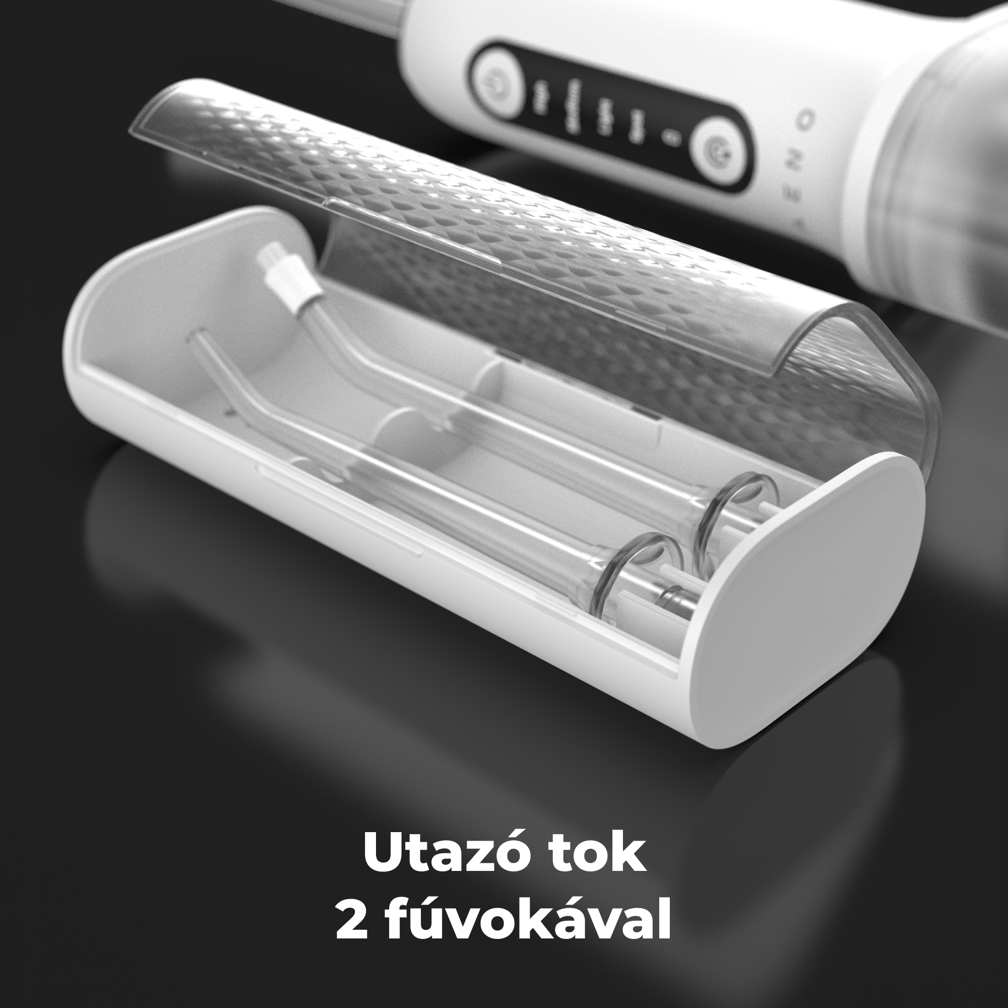 Fehér utazótok 2 fogkefe-fejjel, fekete háttéren nyitva.