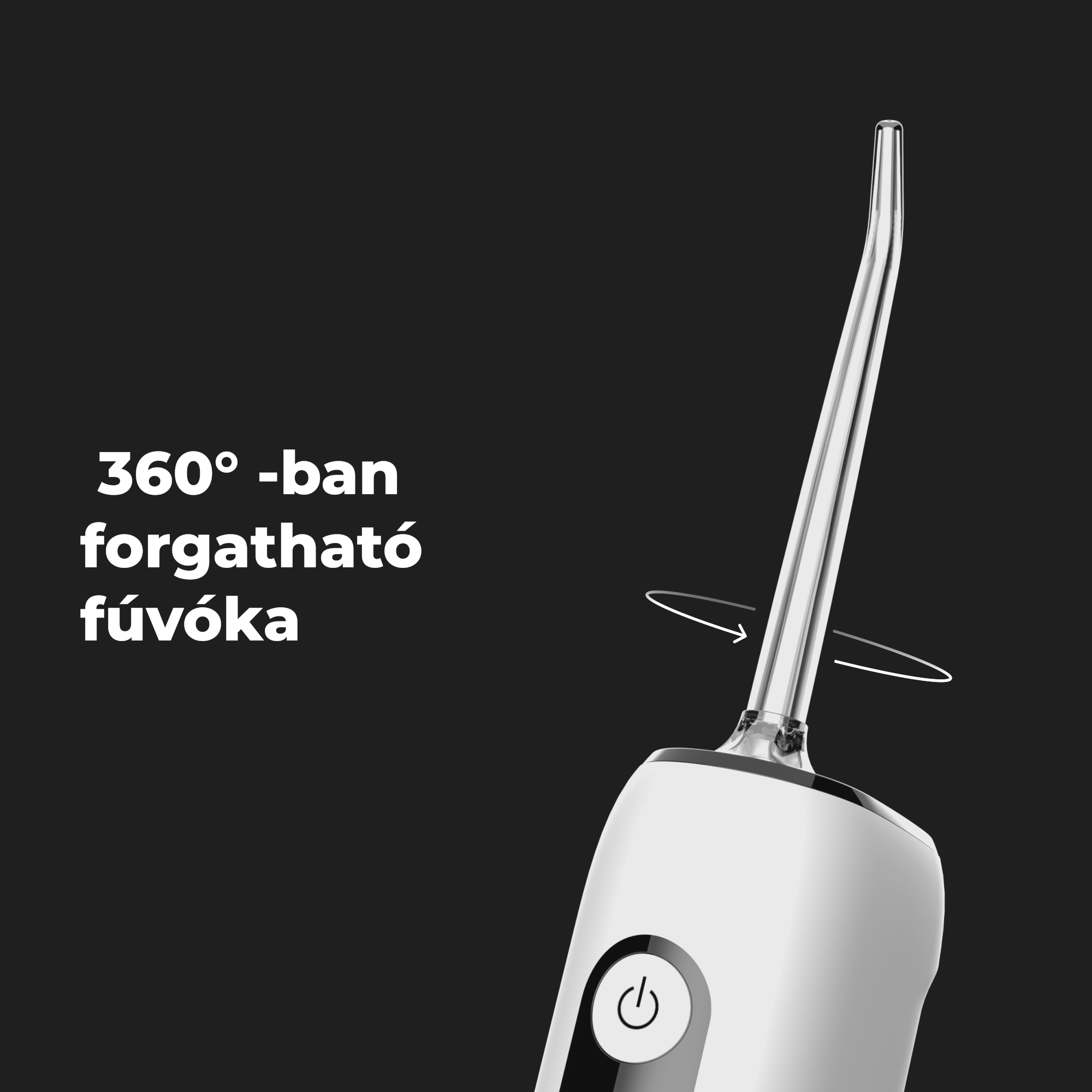 Fehér fogkefe forgó fúvókával, nyilak jelzik a forgást, feketén.