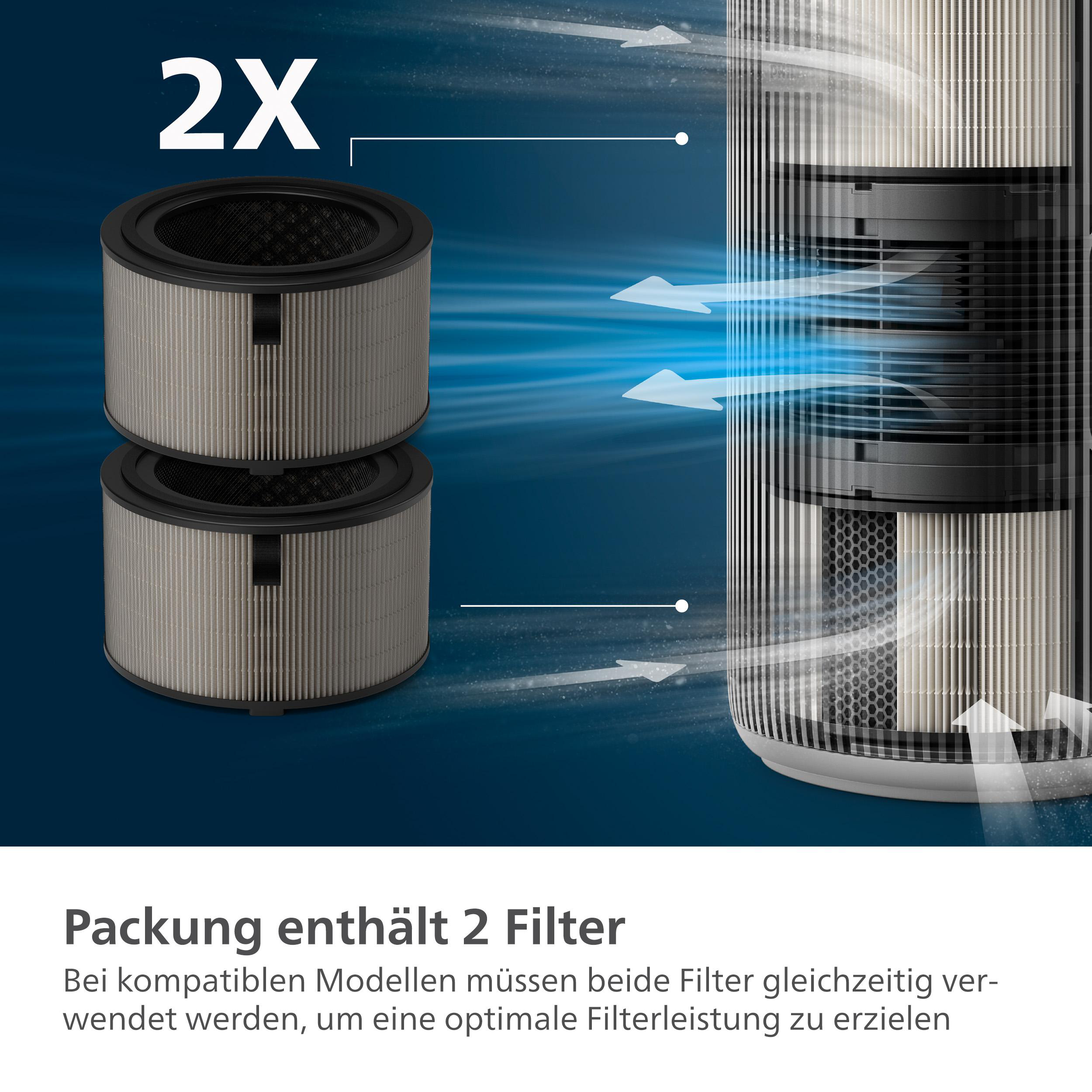 Zwei Luftfilterpatronen und ein Luftreiniger mit deutschem Text. Weiße Pfeile zeigen die Luftstromrichtung an.