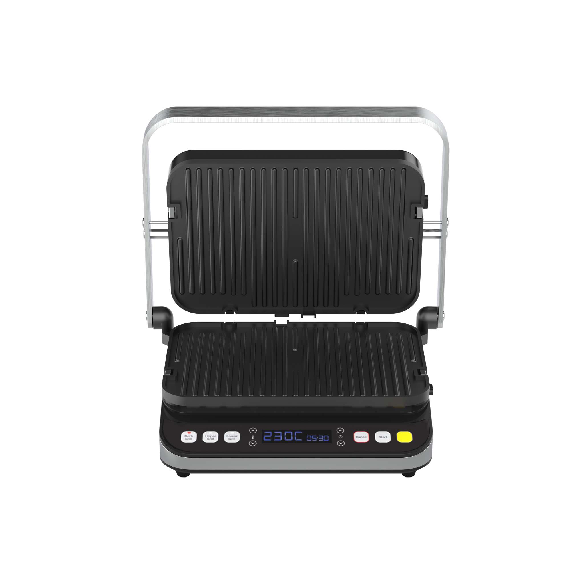 Elektromos grill nyitott fedéllel, fekete és ezüst, kijelzővel fehér alapon.