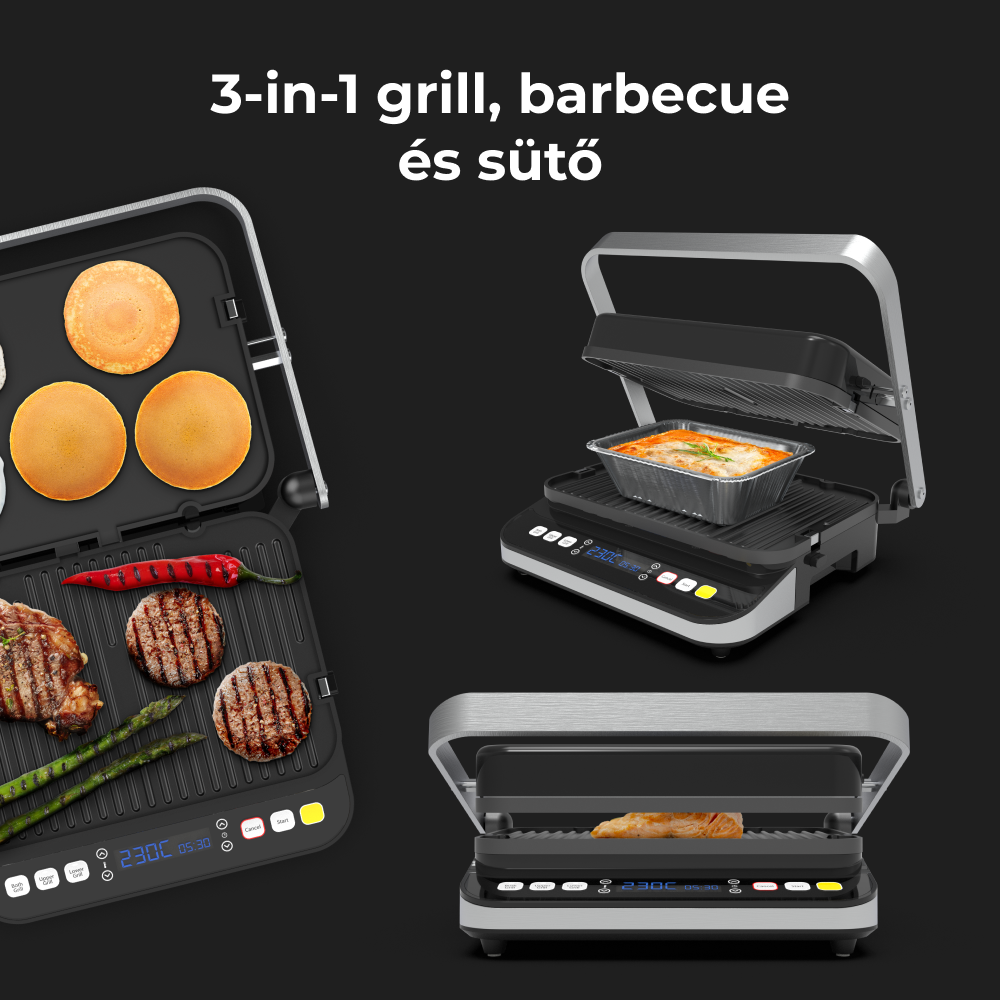 Egy 3 az 1-ben grill, különböző ételekkel. Palacsinta, steak és zöldségek láthatók.