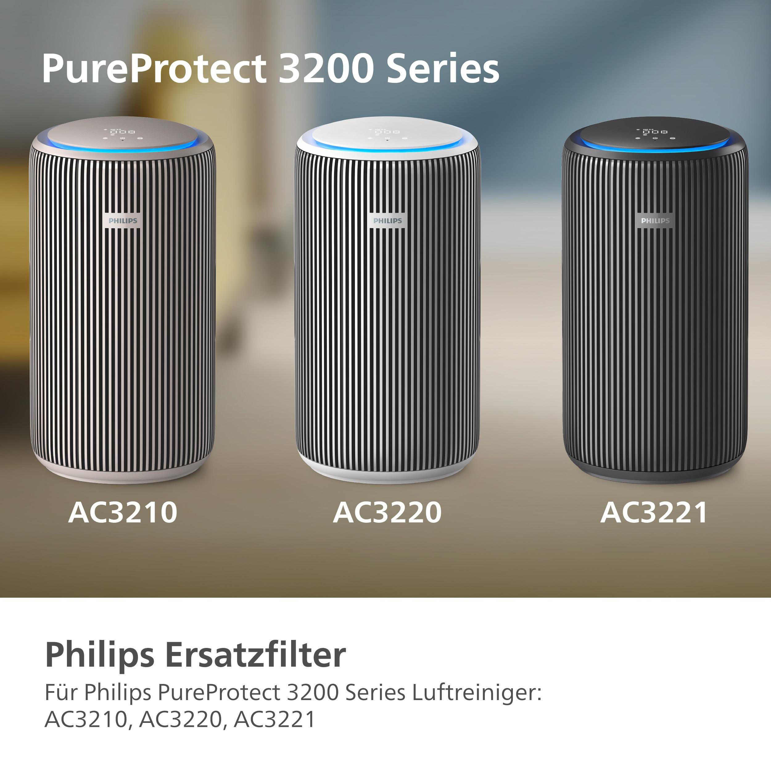 Drei Philips Luftreiniger, beschriftet mit AC3210, AC3220 und AC3221.