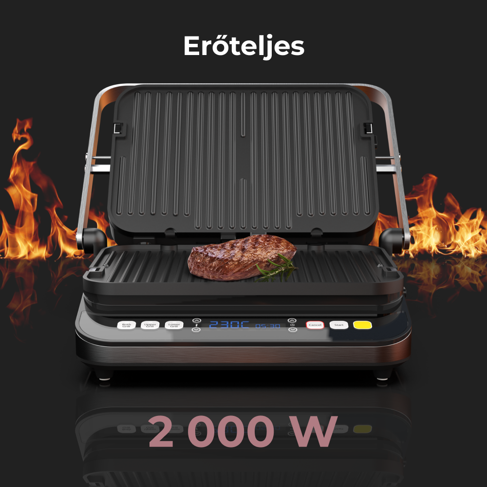 Egy fekete grill steakkel, lángok veszik körül, fekete felületen. A kijelző 230C-t és egy időzítőt mutat.