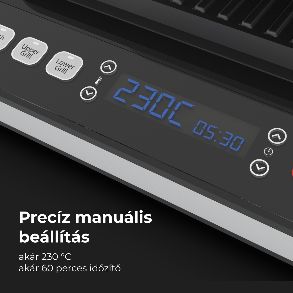 Egy fekete grill vezérlőpanel kék kijelzővel, 230C és 05:30 értékekkel. Gombok a felső és alsó grill.