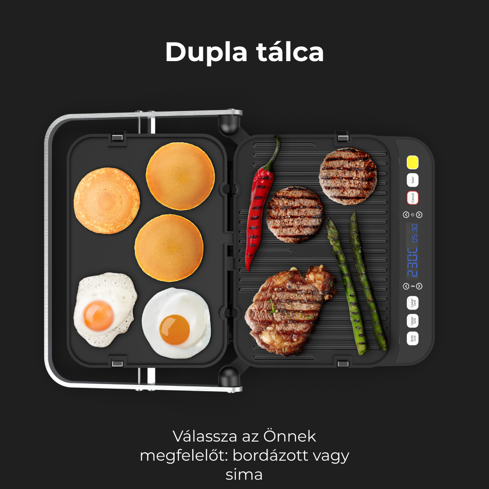 Nyitott grill ételekkel, beleértve a palacsintát, tojást és a steaket.