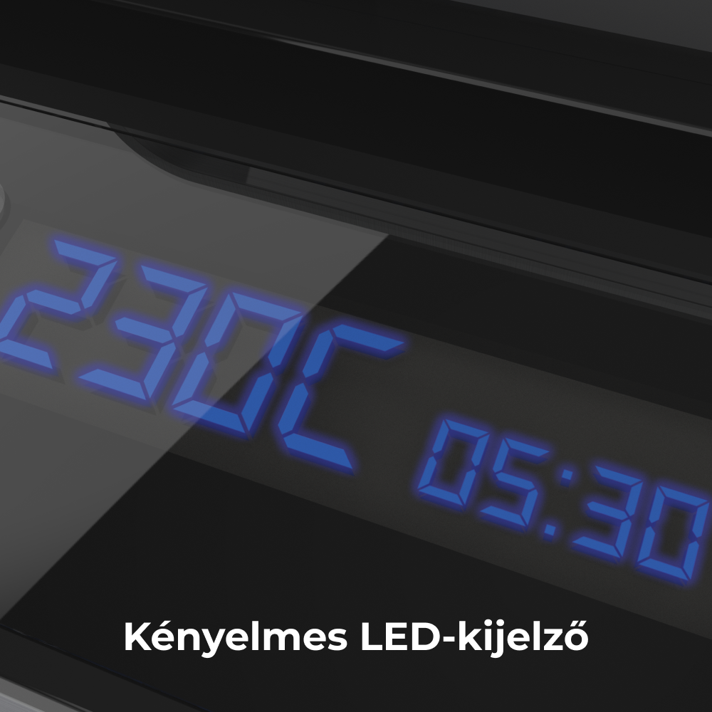 Közelkép egy digitális kijelzőről, amely a hőmérsékletet és az időt mutatja.