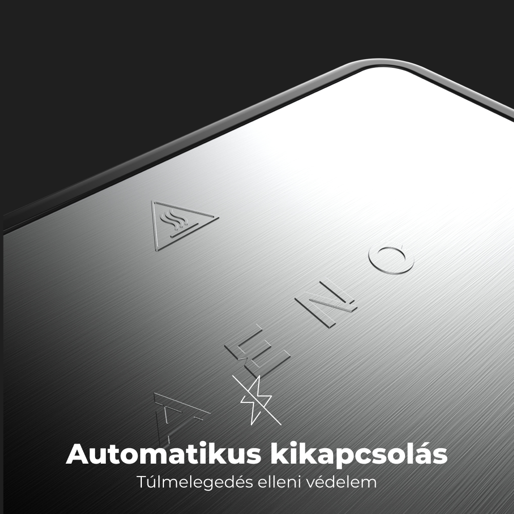 Egy fém felület AENO logóval és szöveggel: Automatikus kikapcsolás. Túlmelegedés elleni védelem.