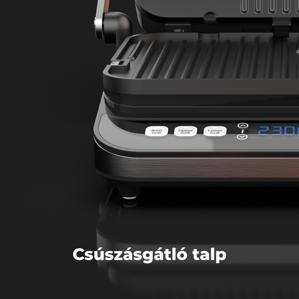 Fekete grill digitális kijelzővel és a 'Csúszásgátló talp' szöveggel.