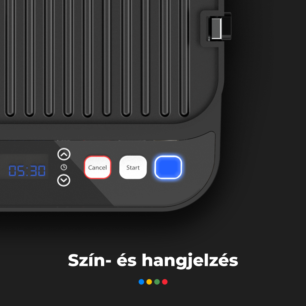 Egy fekete grill vezérlőpultjának közeli képe. Van rajta törlés, indítás gomb, és egy digitális kijelző.