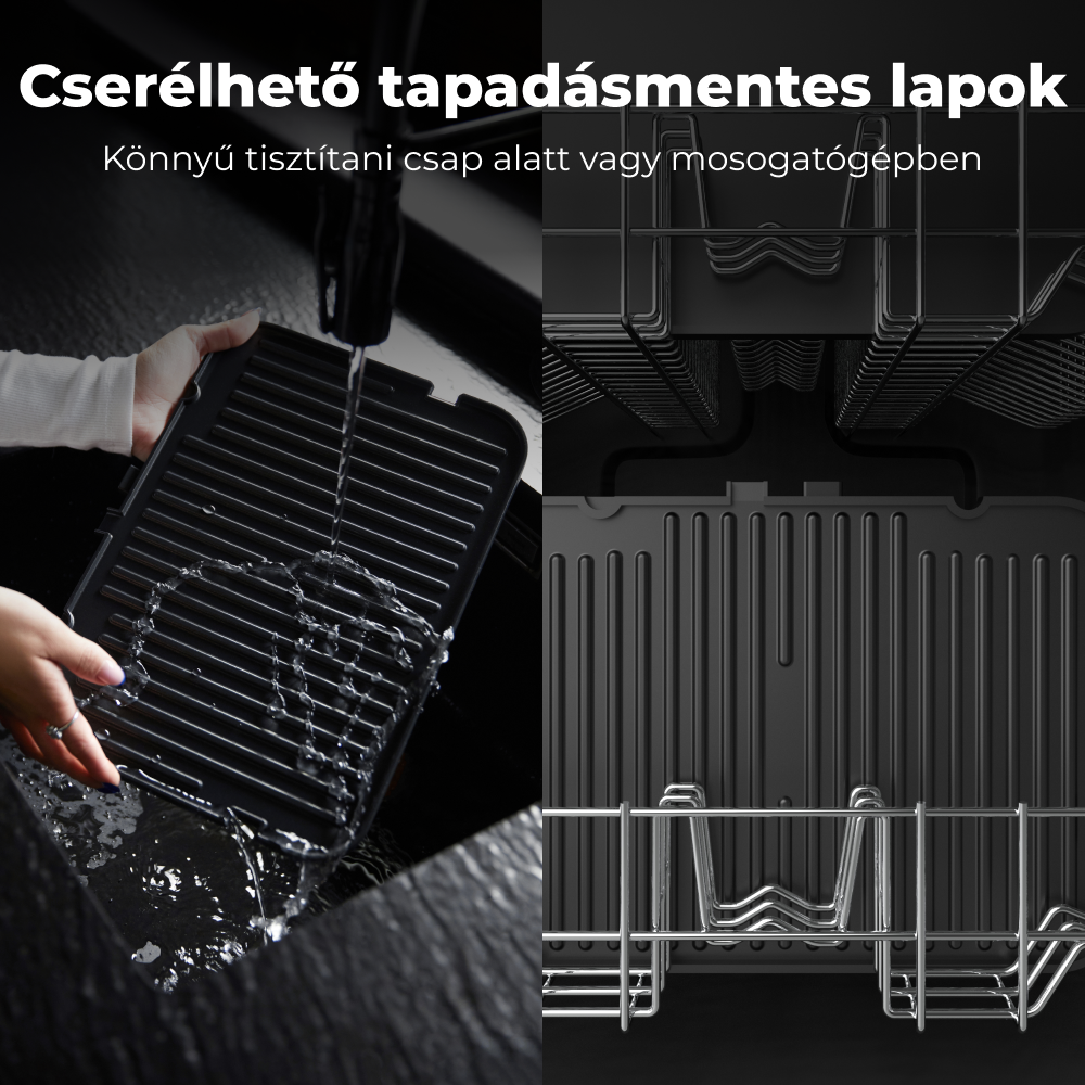 Egy személy mosogat egy kivehető tapadásmentes grill lapot a csap alatt, állvánnyal.