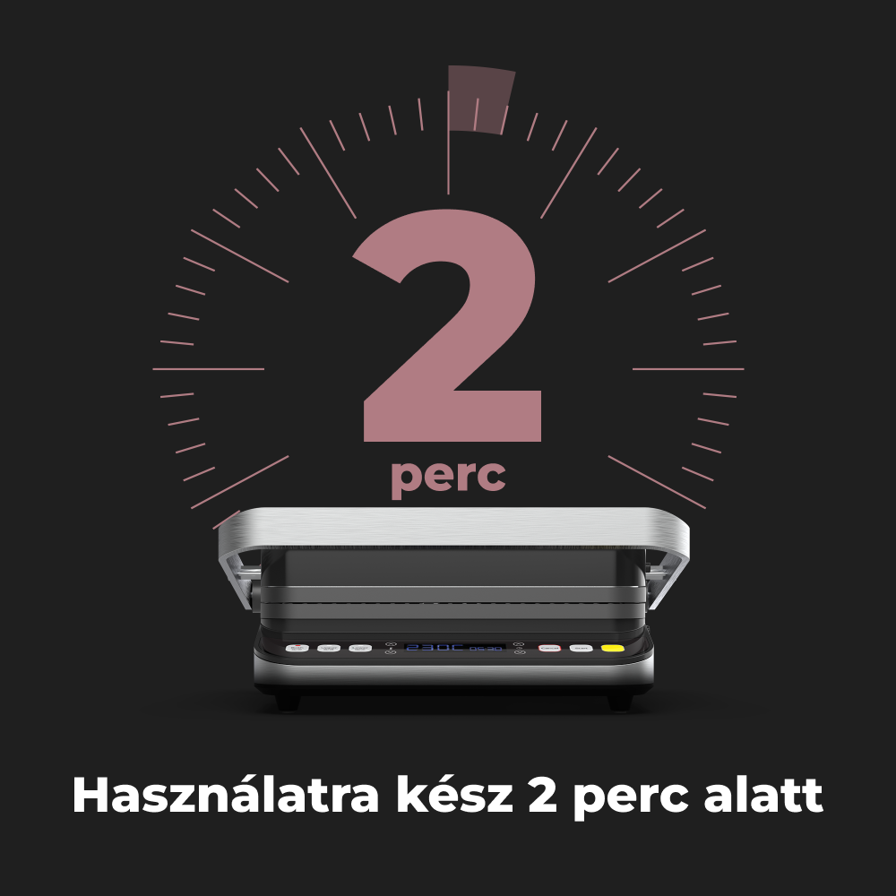 Egy fekete grill 2 percet mutató időzítővel, a szöveggel: "2 perc alatt kész".