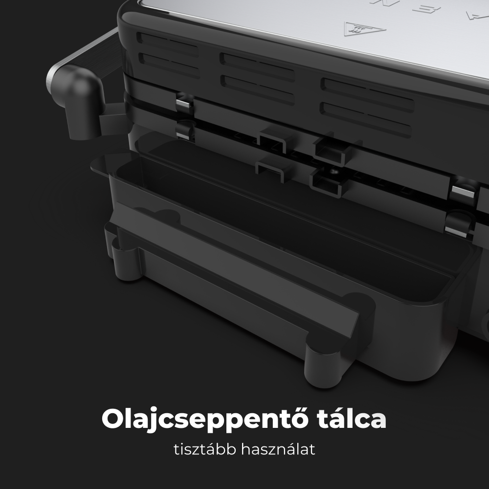 Egy fekete grill nyitott olajcsepptálcával. A tálca ki van húzva, látszik a grill belseje.