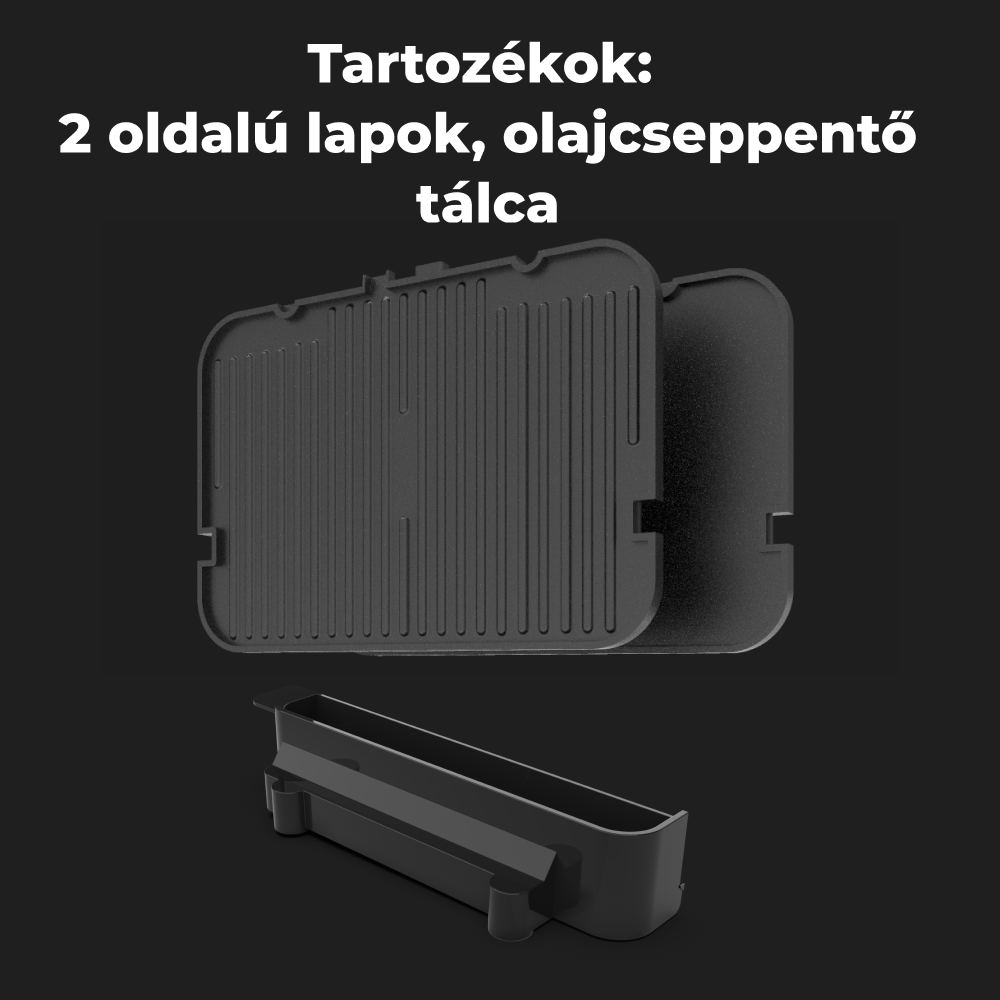 Fekete konyhai kiegészítők. Két megfordítható grill lap és egy csepptálca, magyar szöveggel.