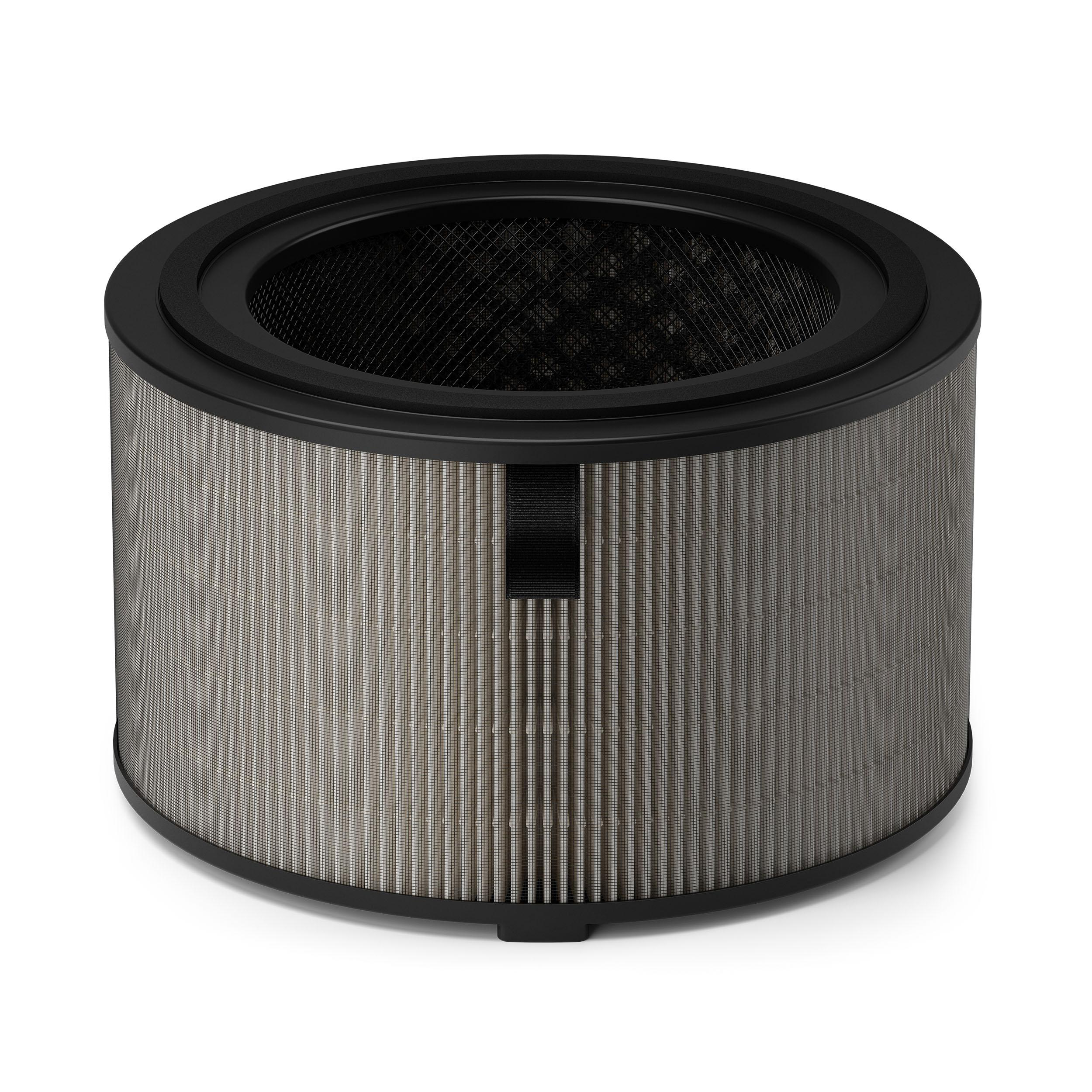 Ein zylindrischer Luftfilter mit gefaltetem Filtermedium und schwarzem Rahmen.